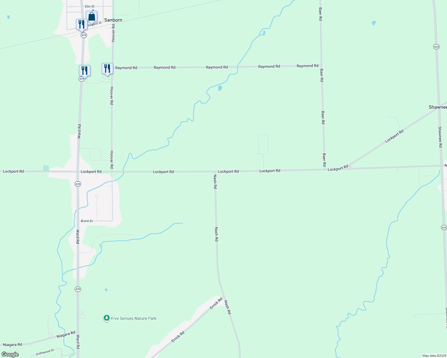 map of restaurants, bars, coffee shops, grocery stores, and more near 3222 Lockport Road in Sanborn