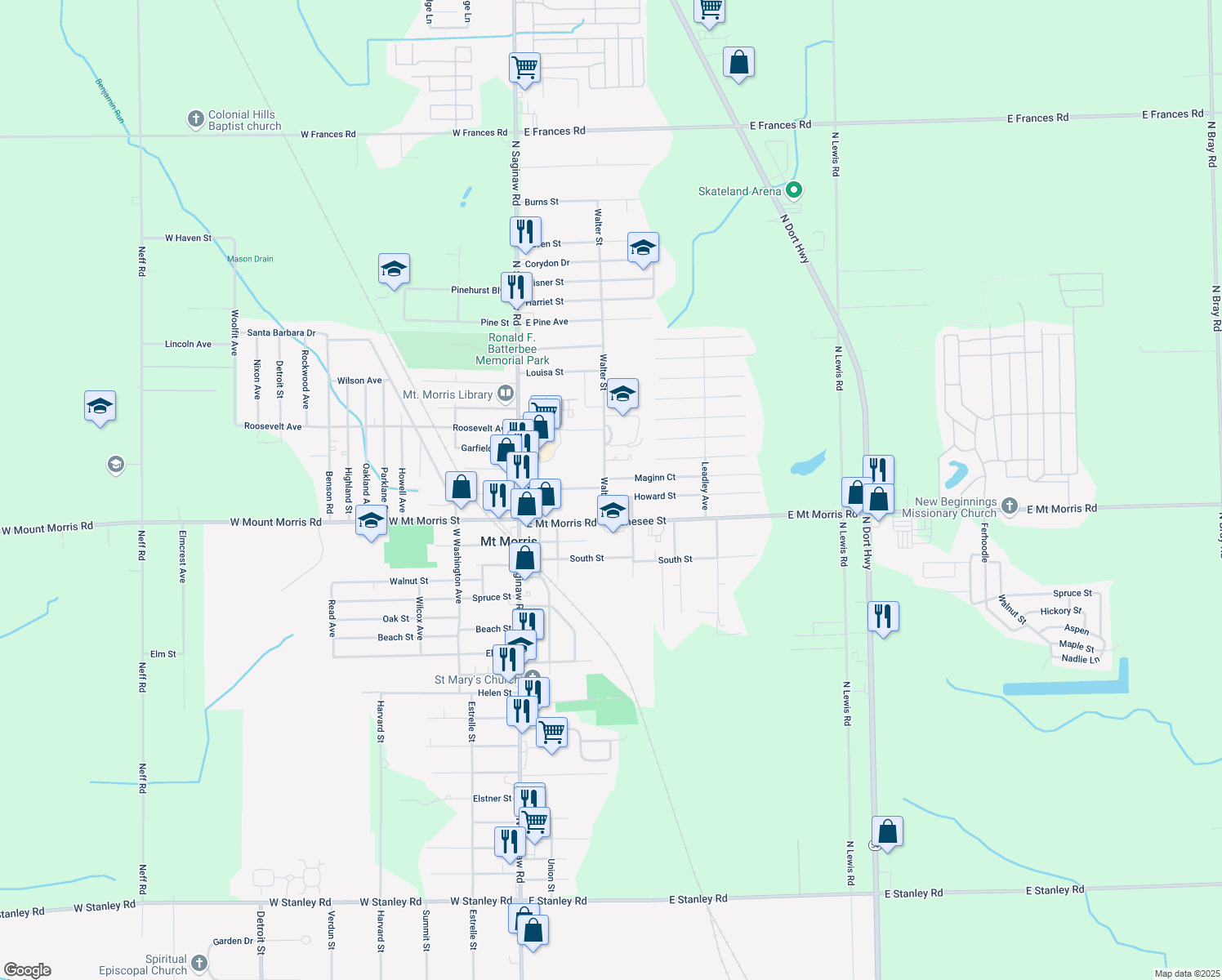 map of restaurants, bars, coffee shops, grocery stores, and more near 11854 Walter Street in Mount Morris