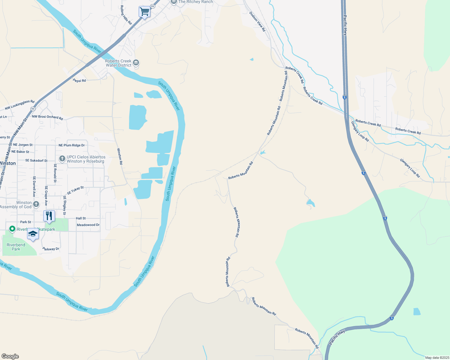 map of restaurants, bars, coffee shops, grocery stores, and more near 1195 Roberts Mountain Road in Roseburg