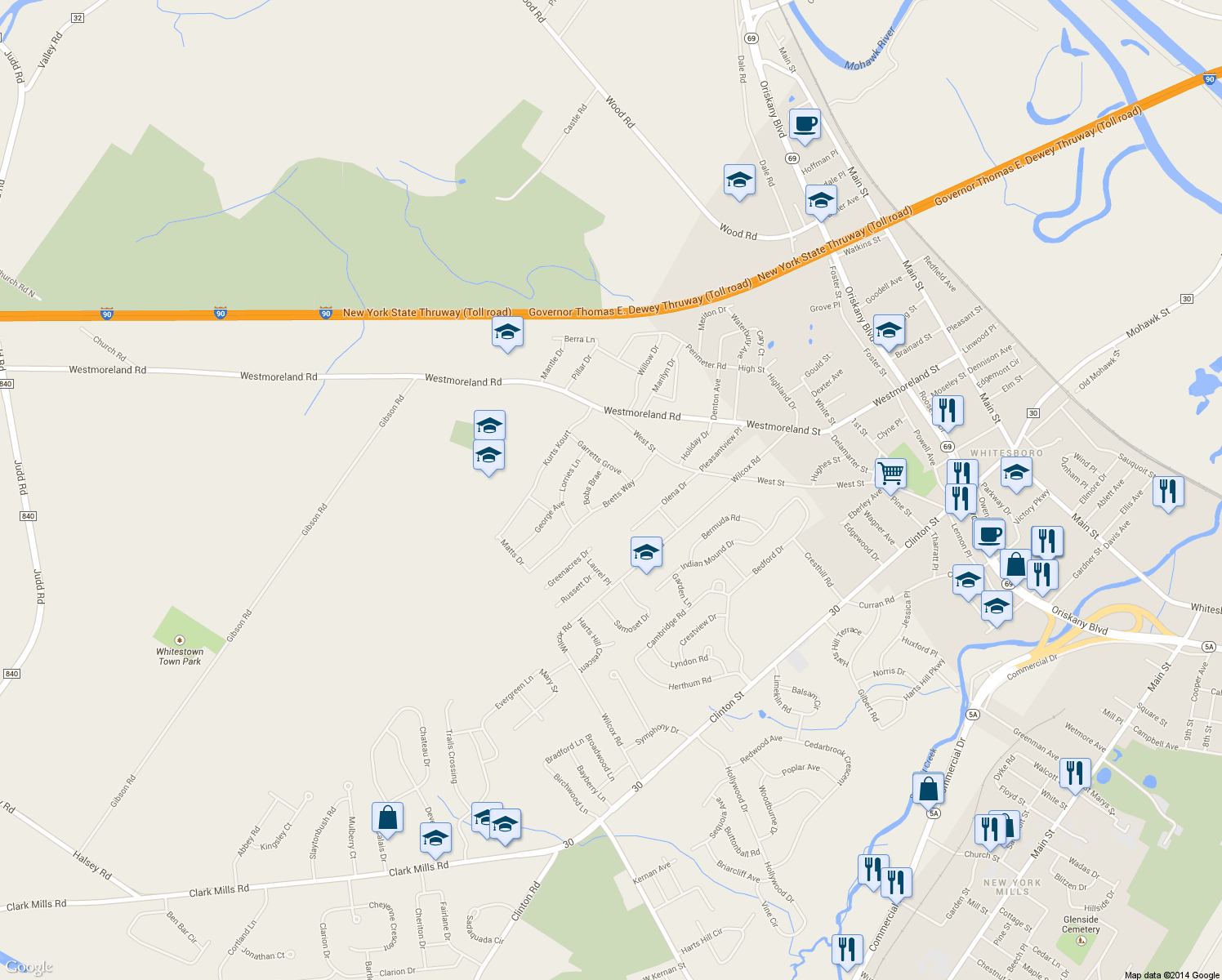 map of restaurants, bars, coffee shops, grocery stores, and more near 509 Bretts Way in Whitesboro