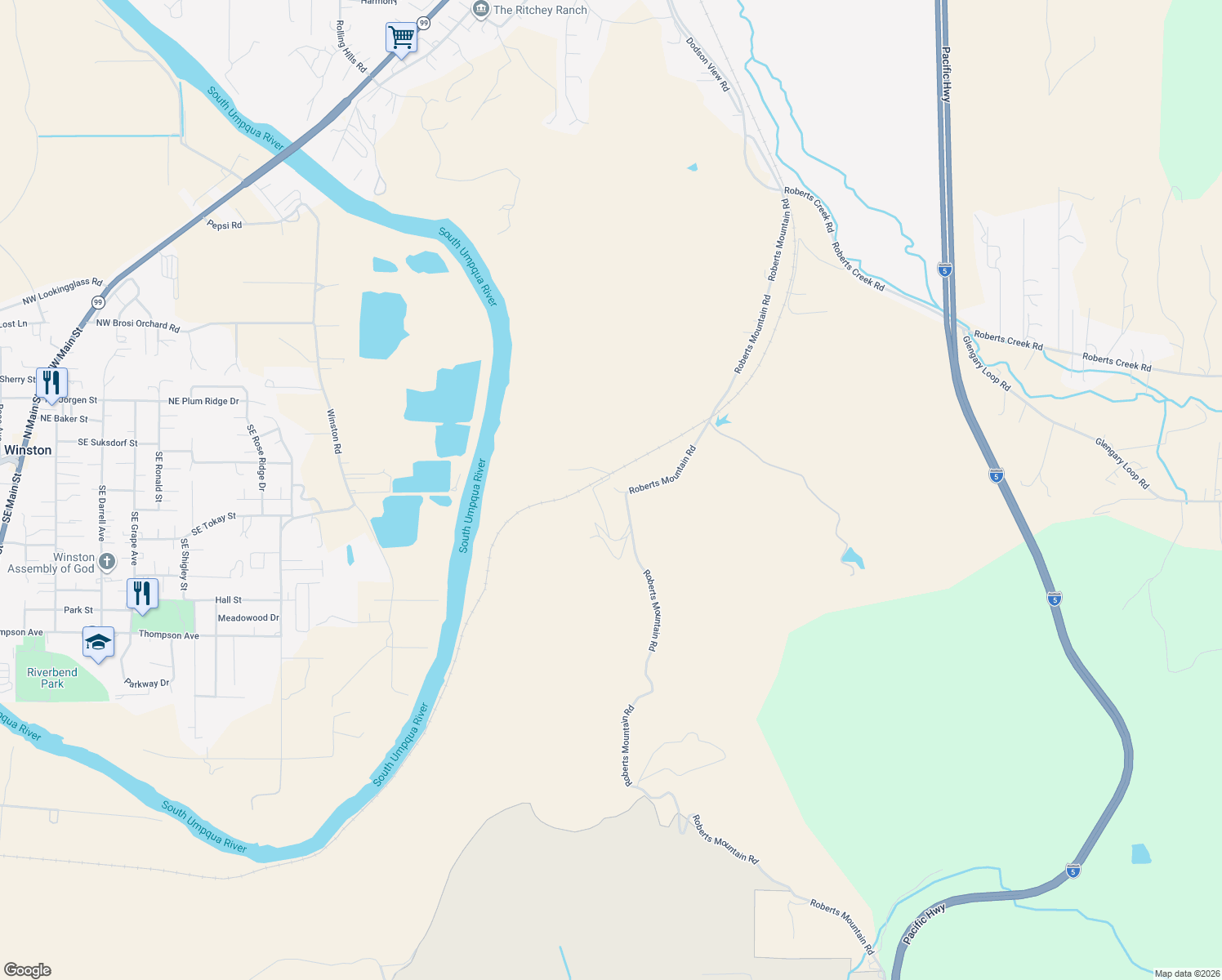 map of restaurants, bars, coffee shops, grocery stores, and more near 1195 Roberts Mountain Road in Roseburg