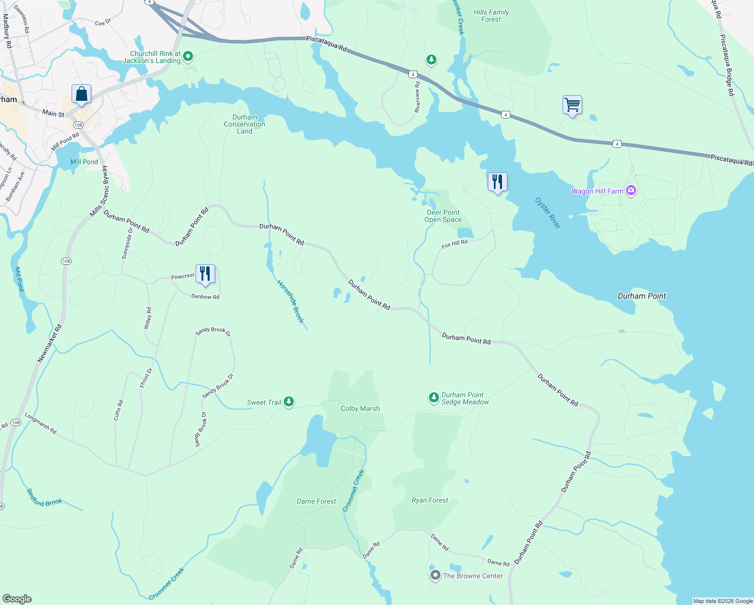 map of restaurants, bars, coffee shops, grocery stores, and more near 143 Durham Point Road in Durham
