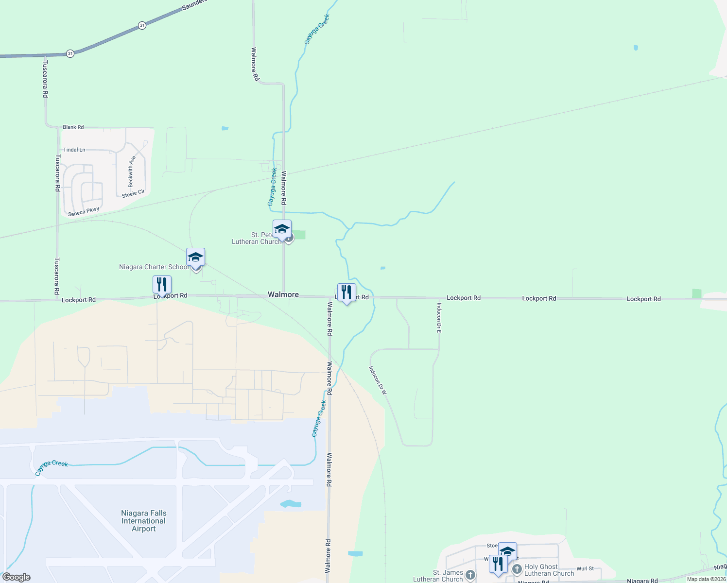 map of restaurants, bars, coffee shops, grocery stores, and more near 2305 Lockport Road in Sanborn