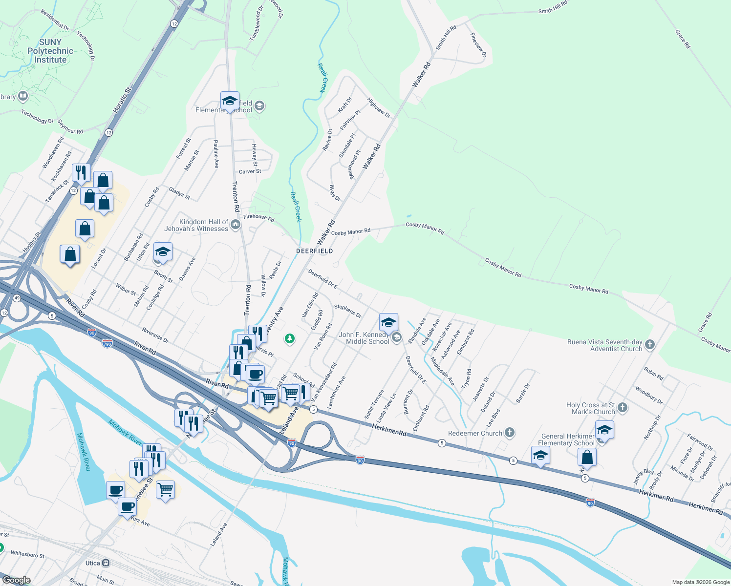 map of restaurants, bars, coffee shops, grocery stores, and more near 4 Theresa Court in Utica