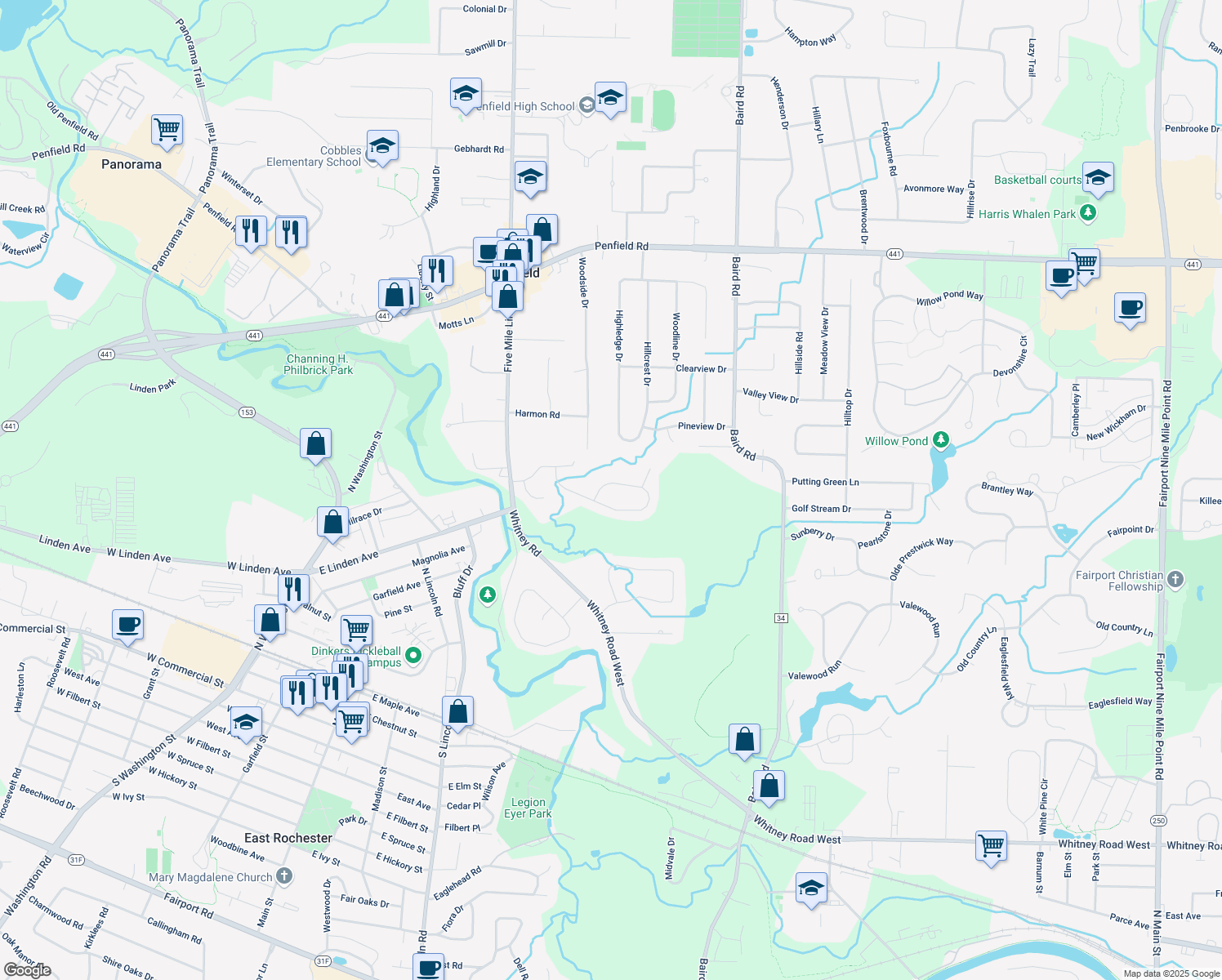 map of restaurants, bars, coffee shops, grocery stores, and more near 178 Pleasant Way in Penfield