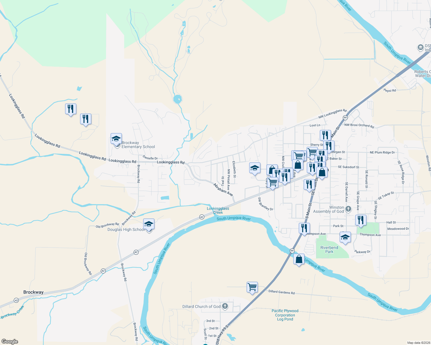 map of restaurants, bars, coffee shops, grocery stores, and more near 182 Northwest Woodduck Street in Winston
