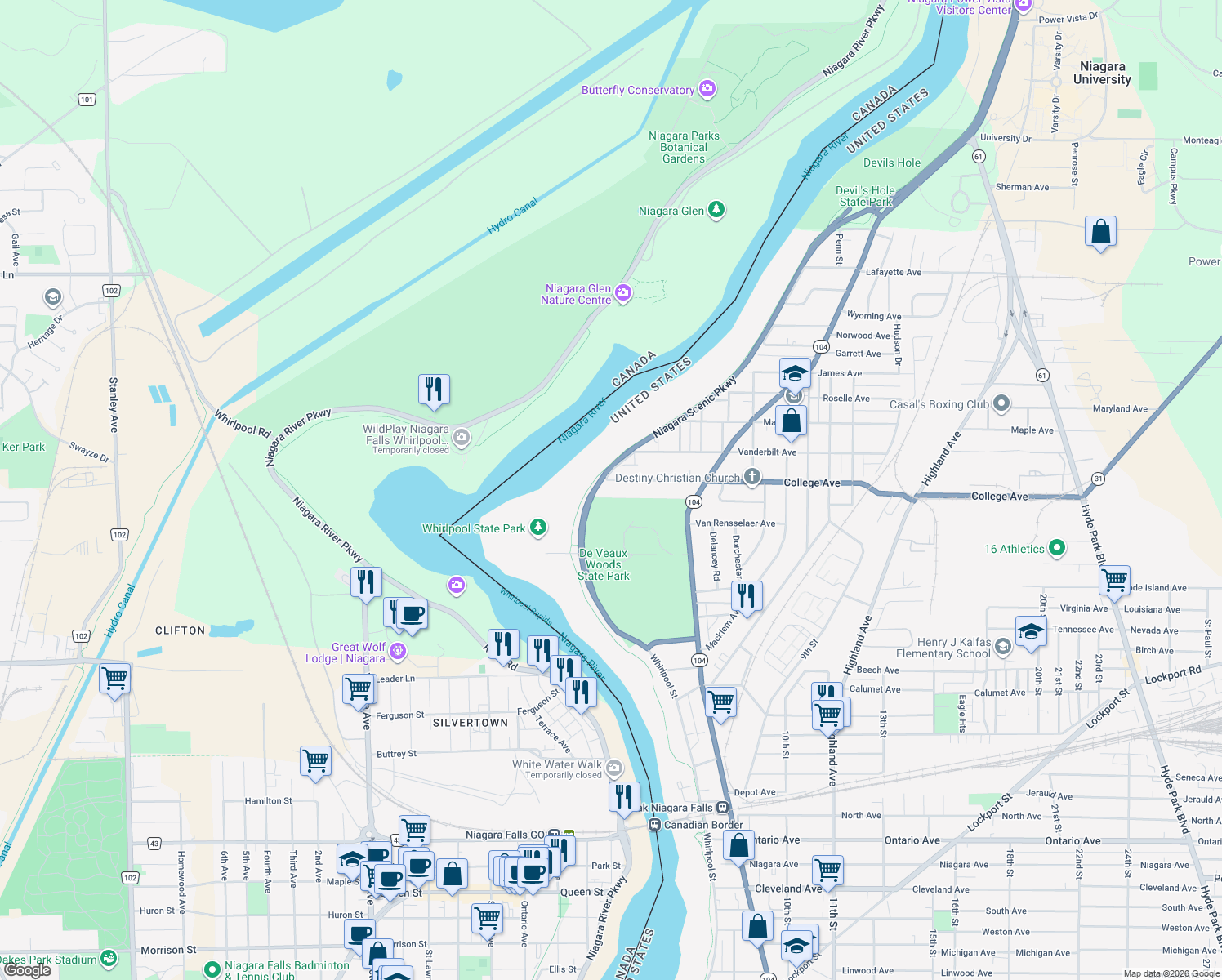 map of restaurants, bars, coffee shops, grocery stores, and more near 441 College Avenue in Niagara Falls