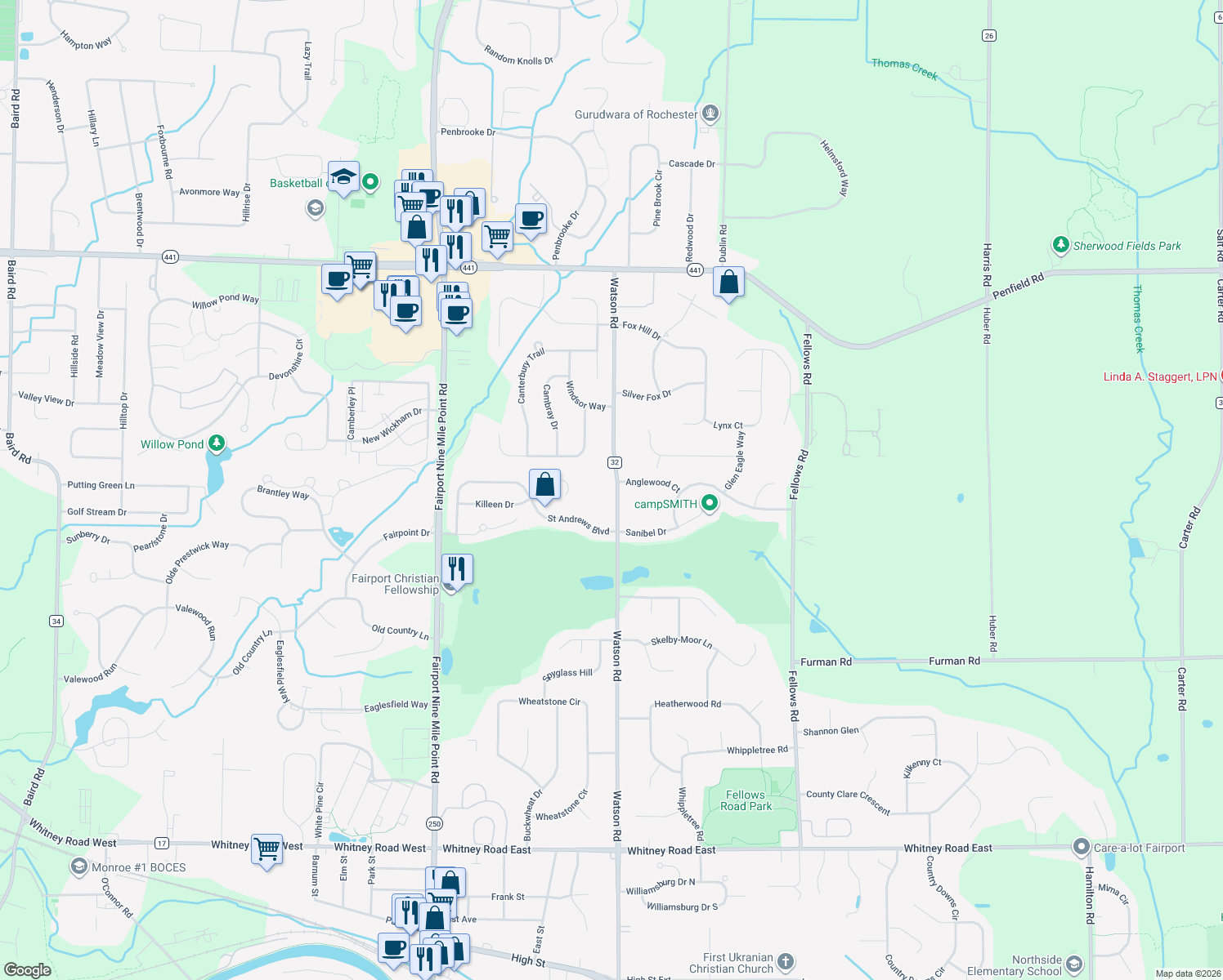 map of restaurants, bars, coffee shops, grocery stores, and more near 247 Watson Road in Fairport
