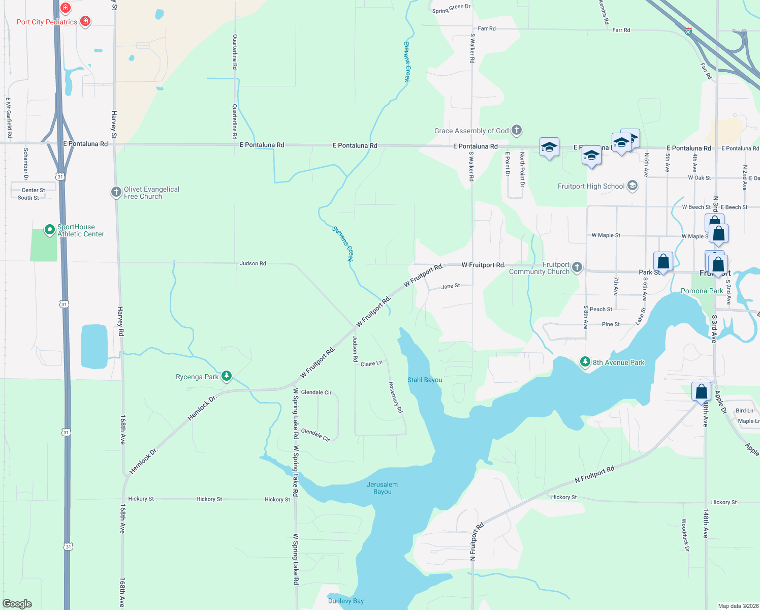 map of restaurants, bars, coffee shops, grocery stores, and more near 2502 West Fruitport Road in Spring Lake