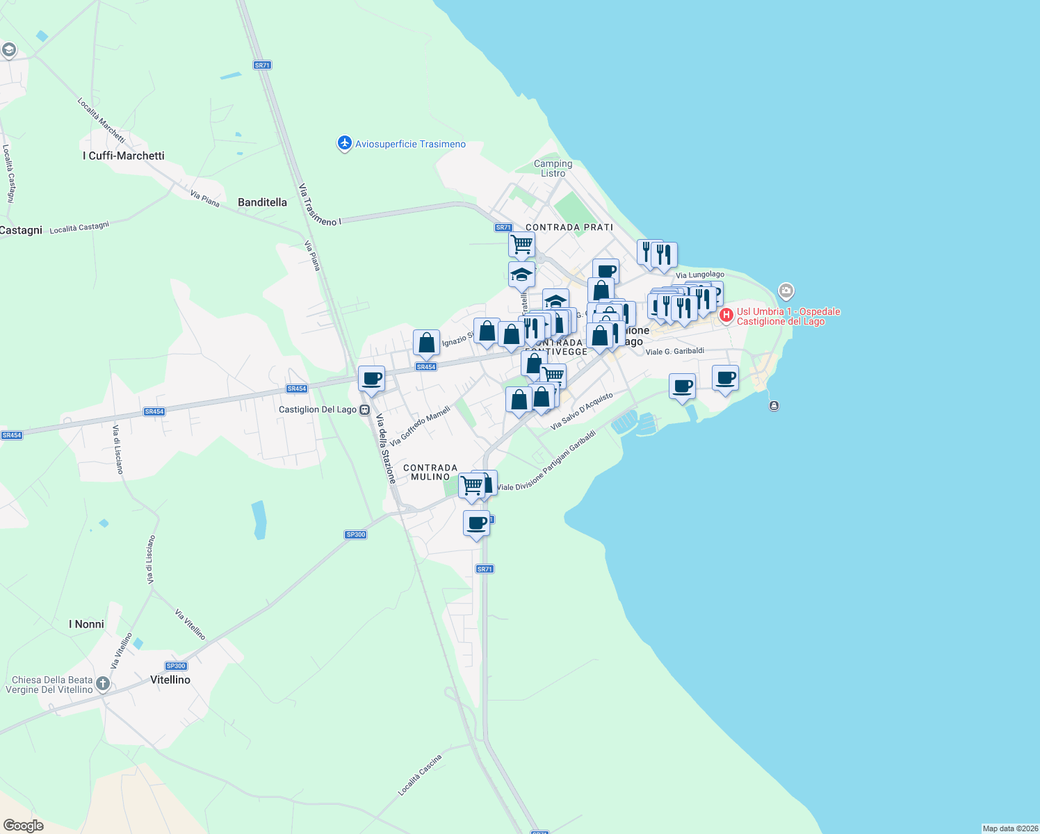 map of restaurants, bars, coffee shops, grocery stores, and more near 174 Via Roma in Castiglione del Lago
