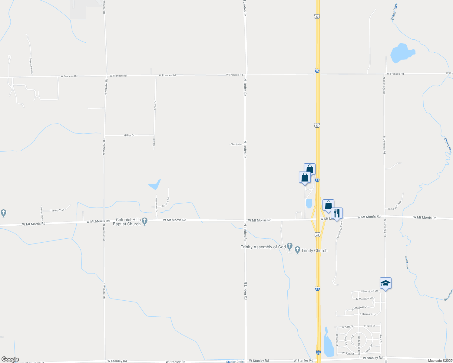 map of restaurants, bars, coffee shops, grocery stores, and more near 8145 North Linden Road in Mount Morris