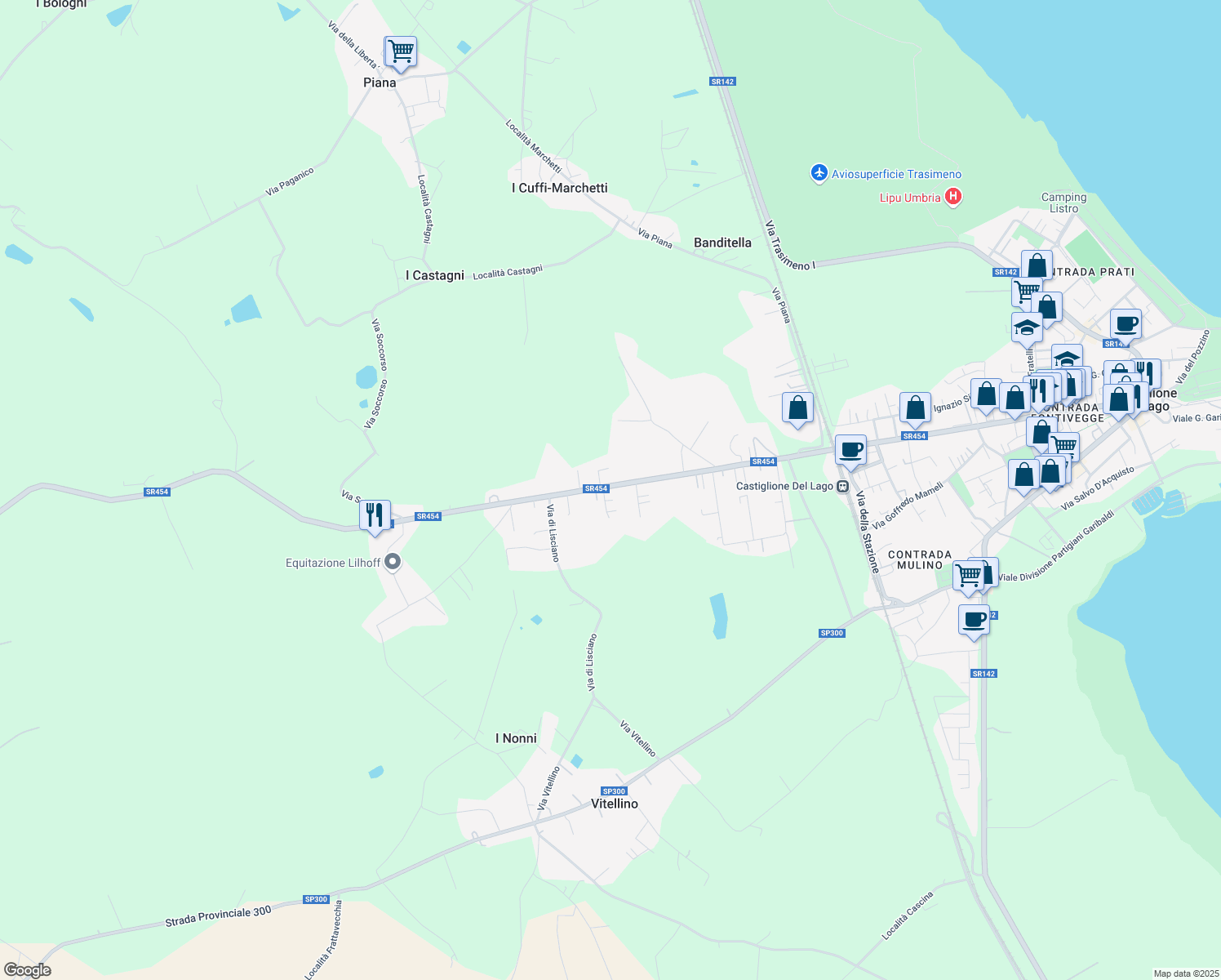 map of restaurants, bars, coffee shops, grocery stores, and more near 52 Via Soccorso in Castiglione del Lago