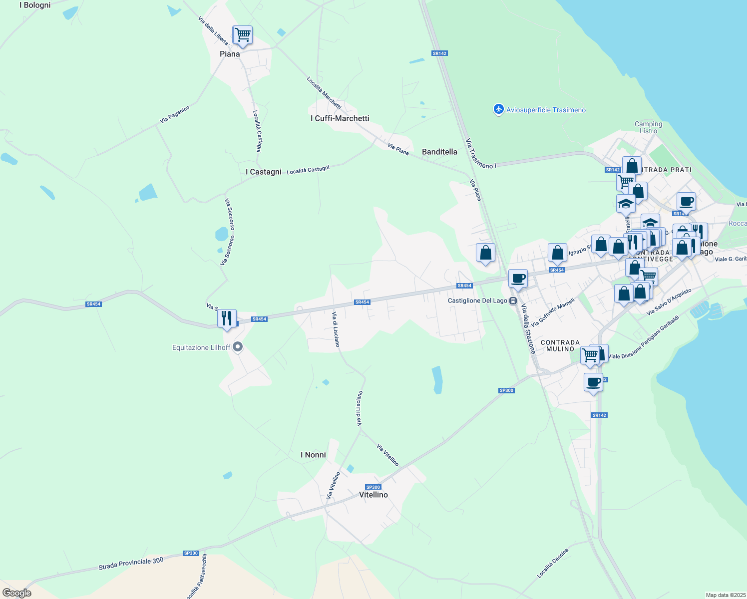 map of restaurants, bars, coffee shops, grocery stores, and more near 52 Via Soccorso in Castiglione del Lago