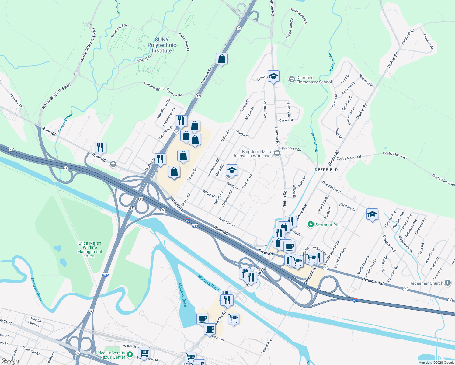 map of restaurants, bars, coffee shops, grocery stores, and more near 182 Booth St in Utica