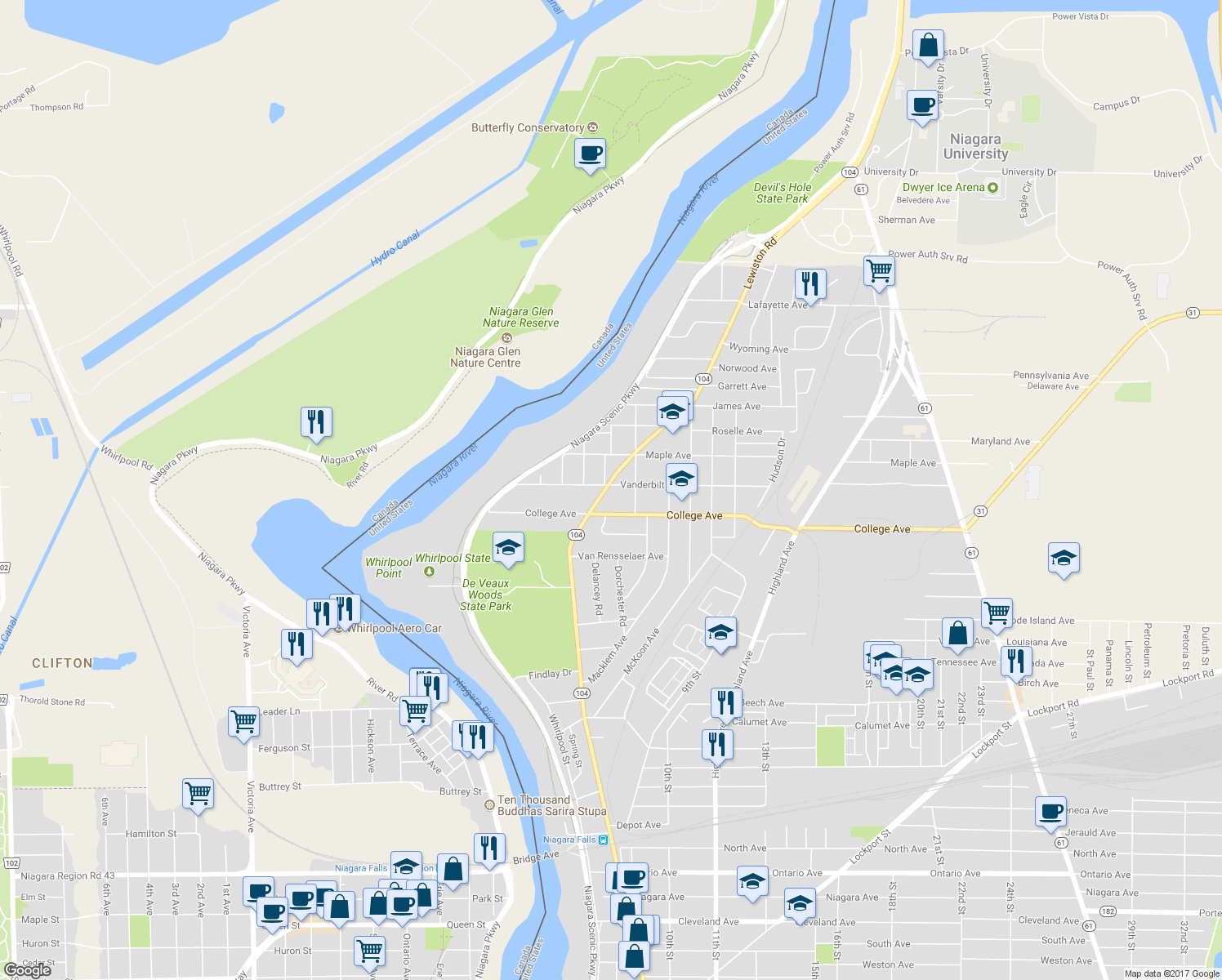 map of restaurants, bars, coffee shops, grocery stores, and more near 3941 Lewiston Road in Niagara Falls