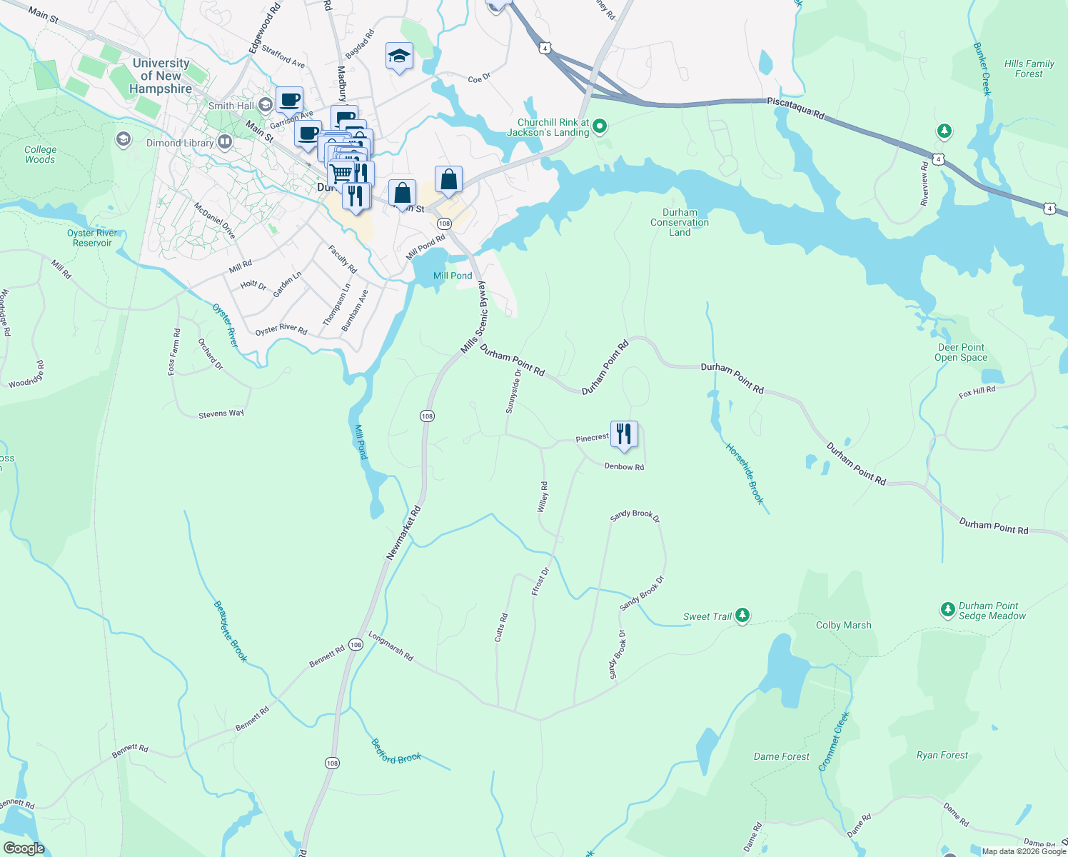 map of restaurants, bars, coffee shops, grocery stores, and more near 6 Pinecrest Lane in Durham