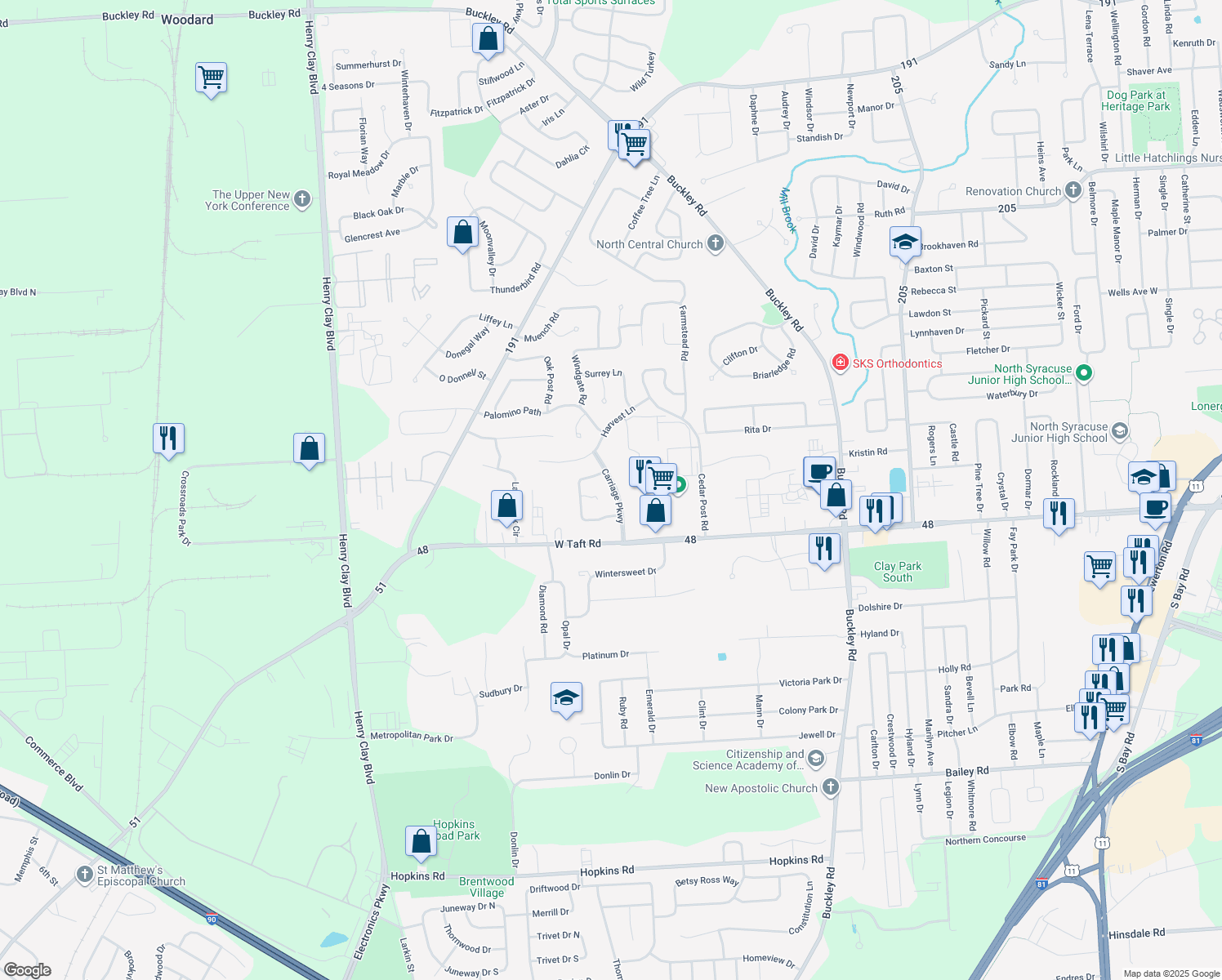 map of restaurants, bars, coffee shops, grocery stores, and more near 7295 Carriage Parkway in Liverpool