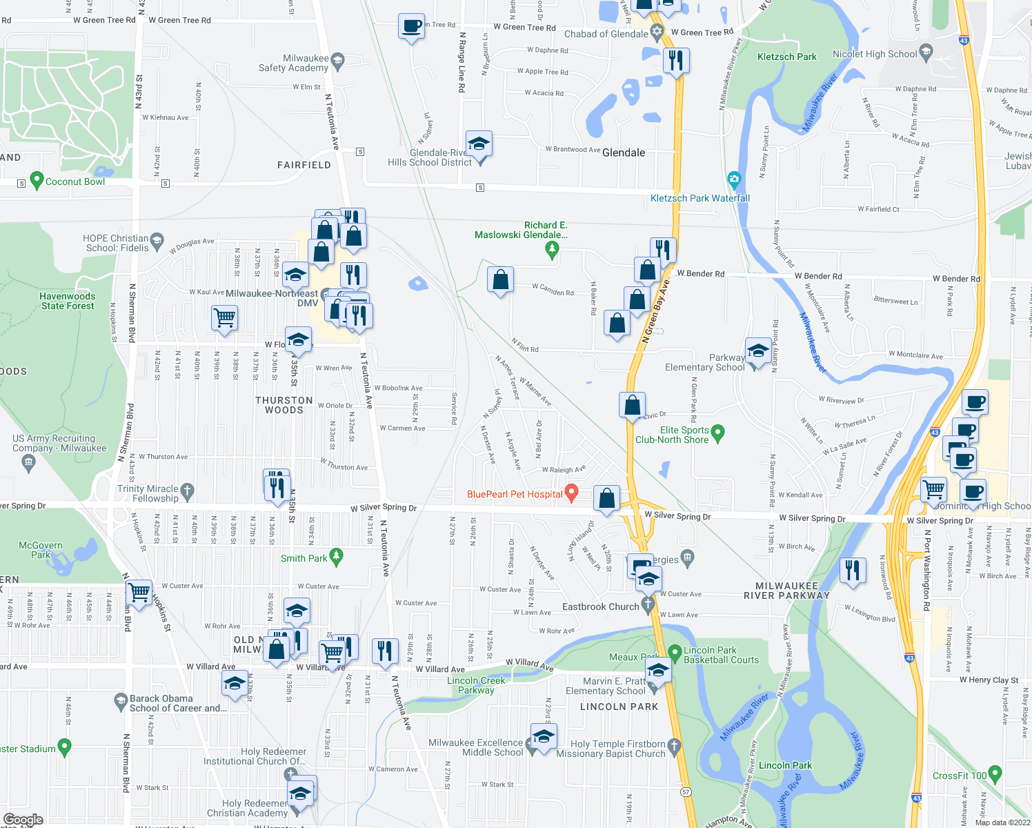 map of restaurants, bars, coffee shops, grocery stores, and more near 5829 North Ames Terrace in Glendale