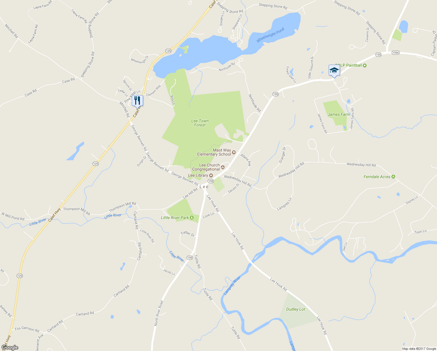 map of restaurants, bars, coffee shops, grocery stores, and more near 1 Wednesday Hill Road in Lee