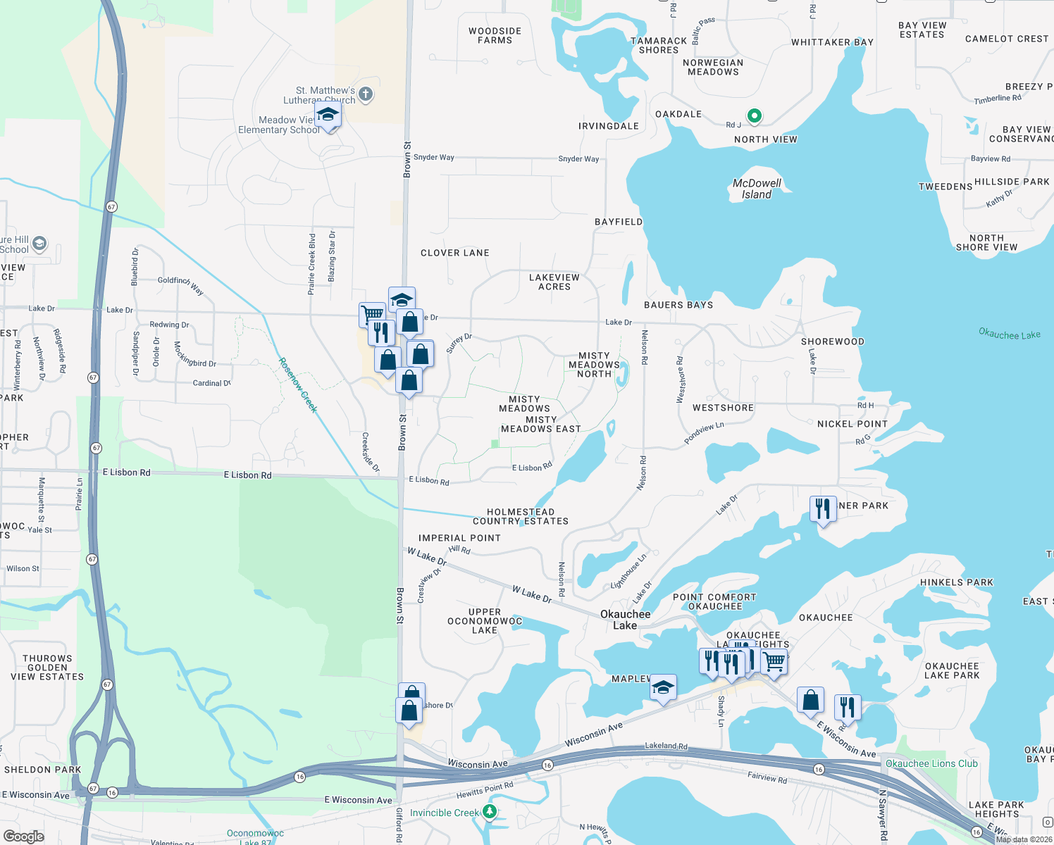 map of restaurants, bars, coffee shops, grocery stores, and more near N57W35620 Misty Terrace in Oconomowoc