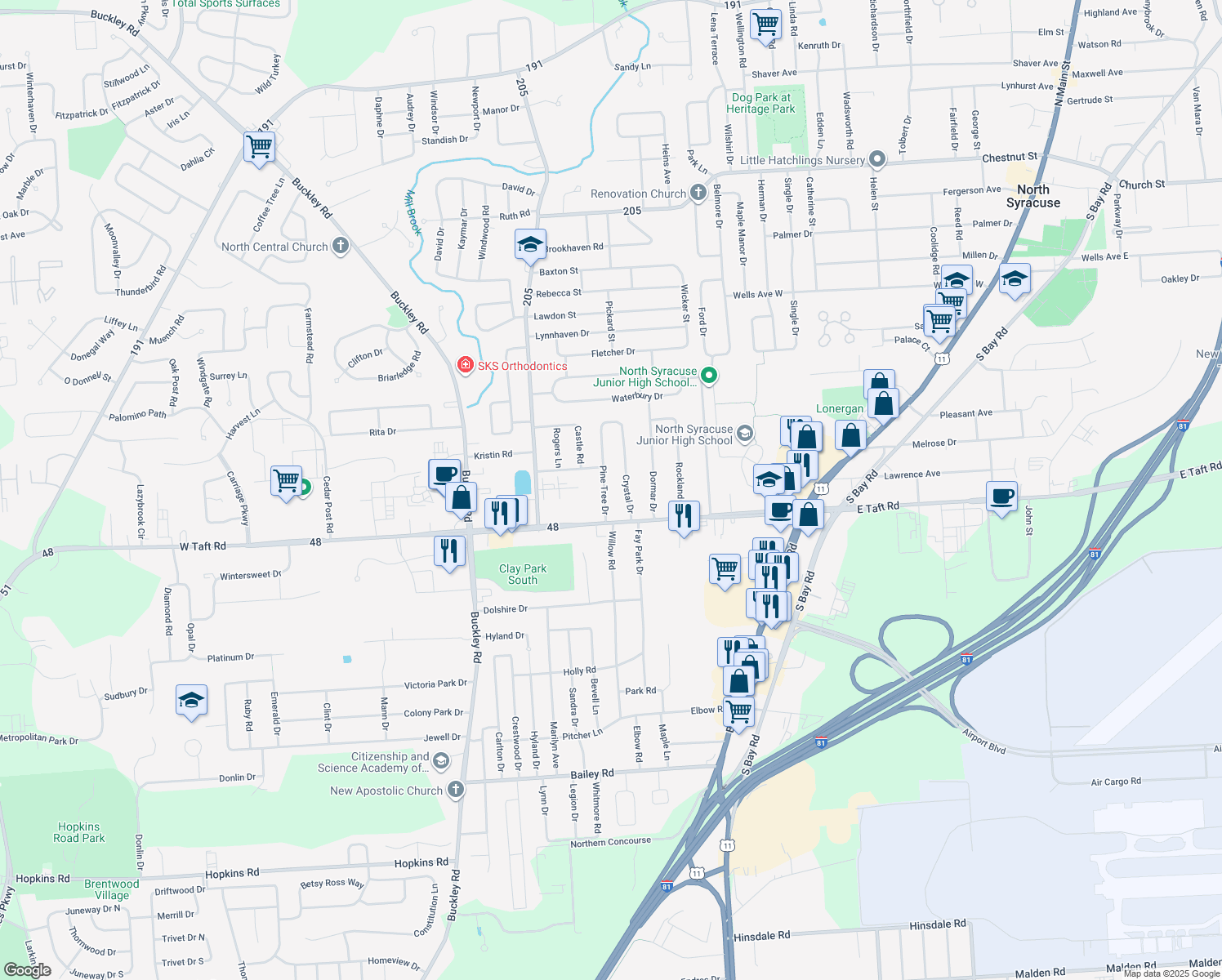 map of restaurants, bars, coffee shops, grocery stores, and more near 114 Pine Tree Dr in Syracuse