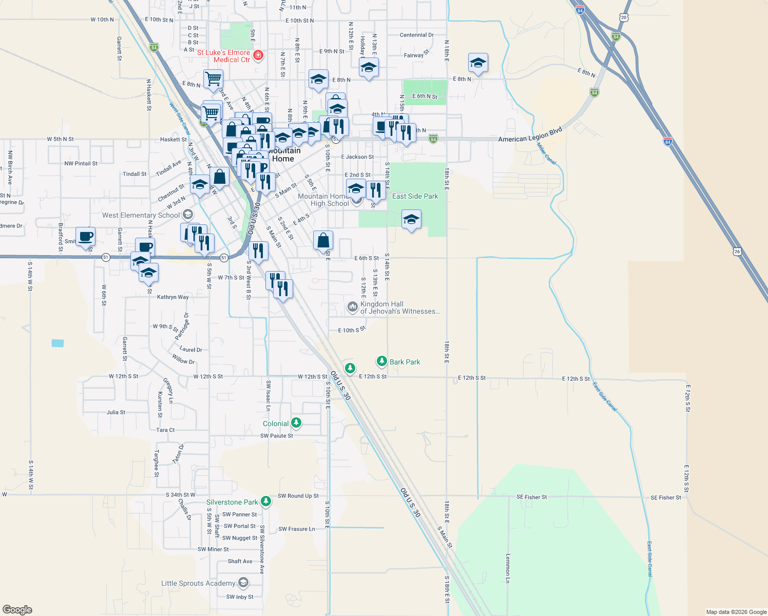 map of restaurants, bars, coffee shops, grocery stores, and more near 860 South 14th East Street in Mountain Home