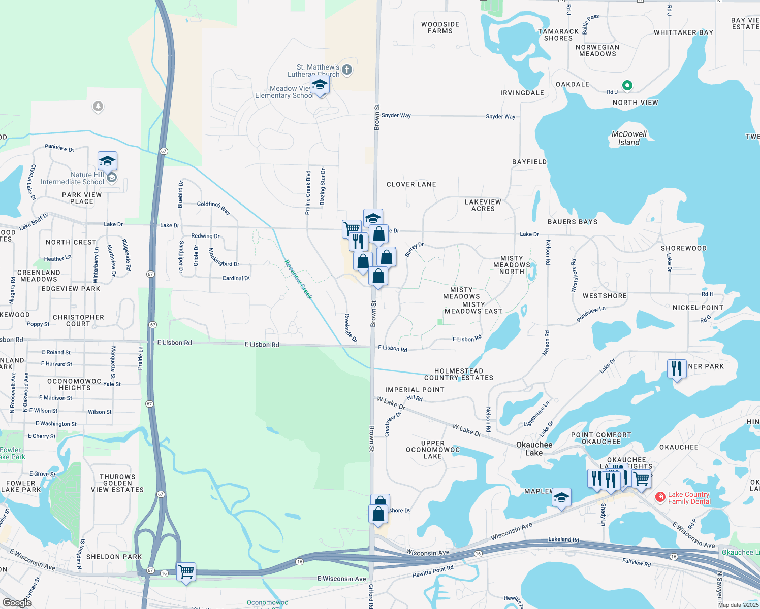 map of restaurants, bars, coffee shops, grocery stores, and more near 5744 Brown Street in Oconomowoc