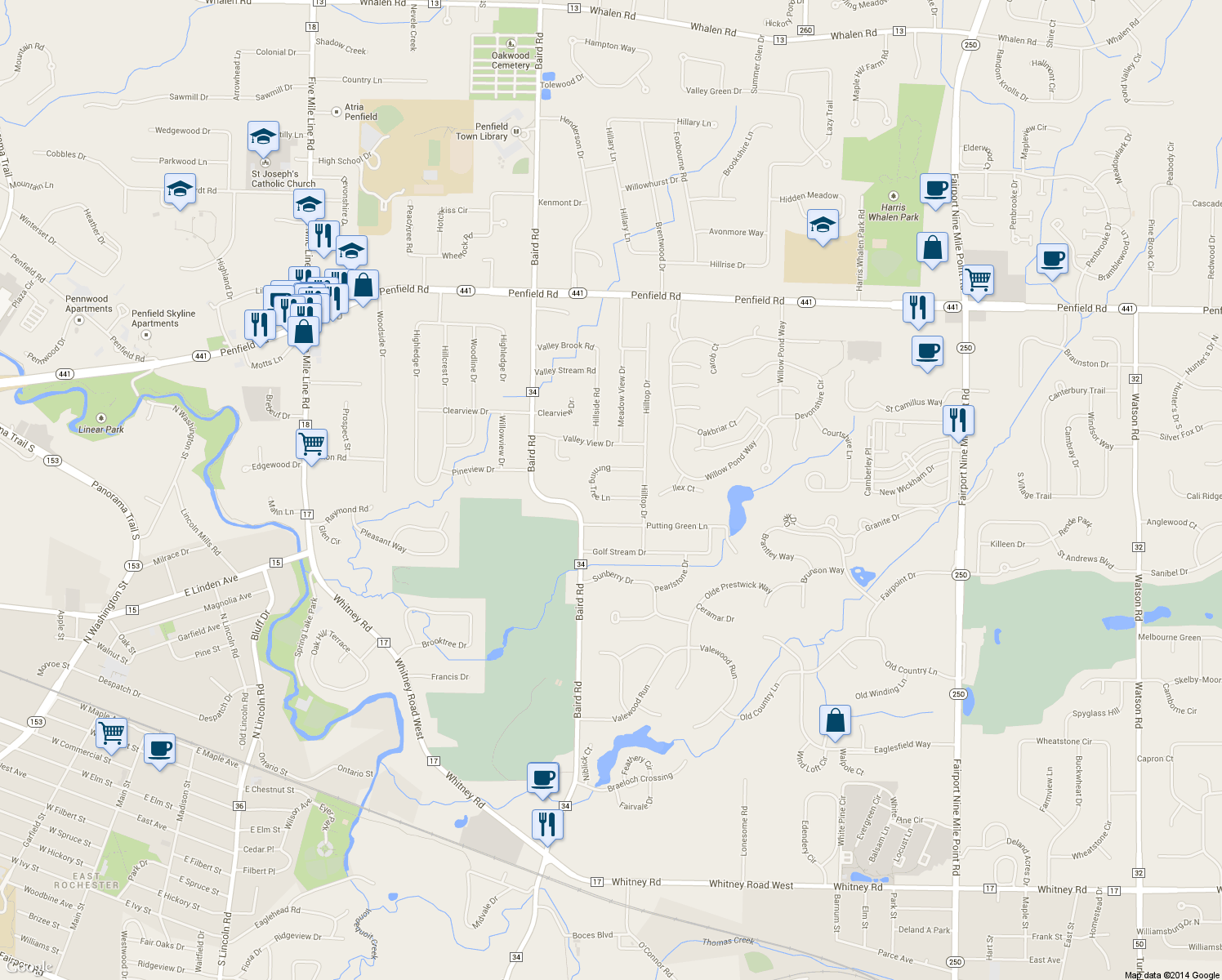 map of restaurants, bars, coffee shops, grocery stores, and more near 62 Burning Tree Lane in Penfield