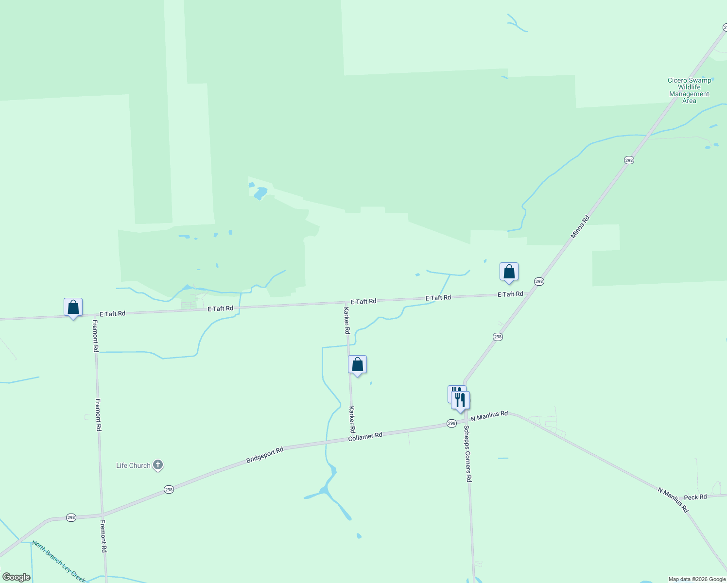 map of restaurants, bars, coffee shops, grocery stores, and more near 7413 East Taft Road in East Syracuse