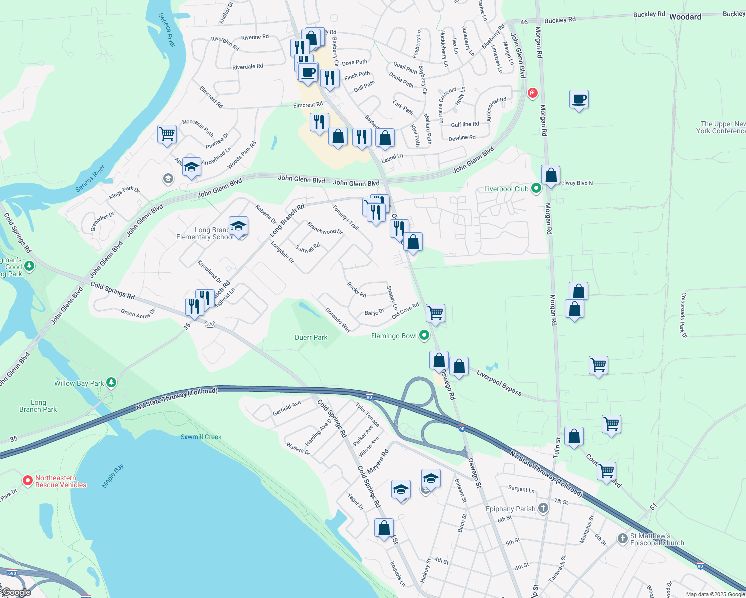 map of restaurants, bars, coffee shops, grocery stores, and more near 110 Rocky Rd in Liverpool