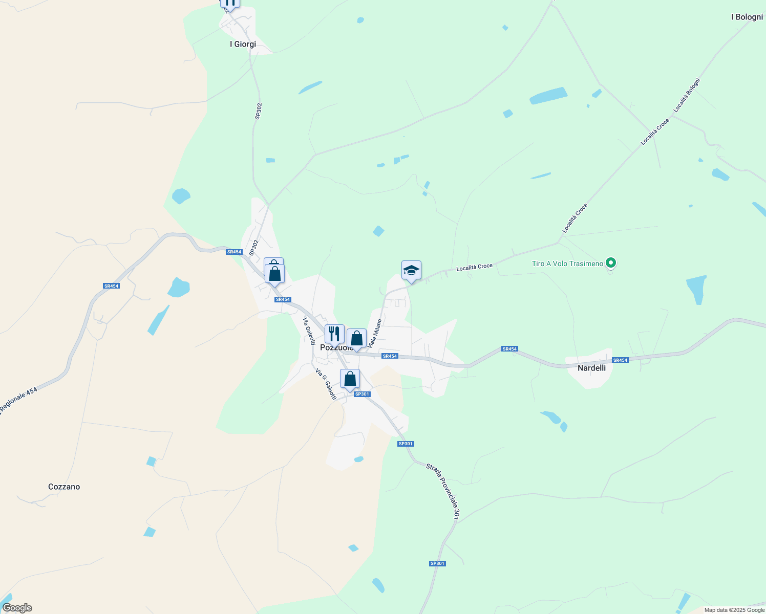 map of restaurants, bars, coffee shops, grocery stores, and more near 74 Viale Milano in Pozzuolo