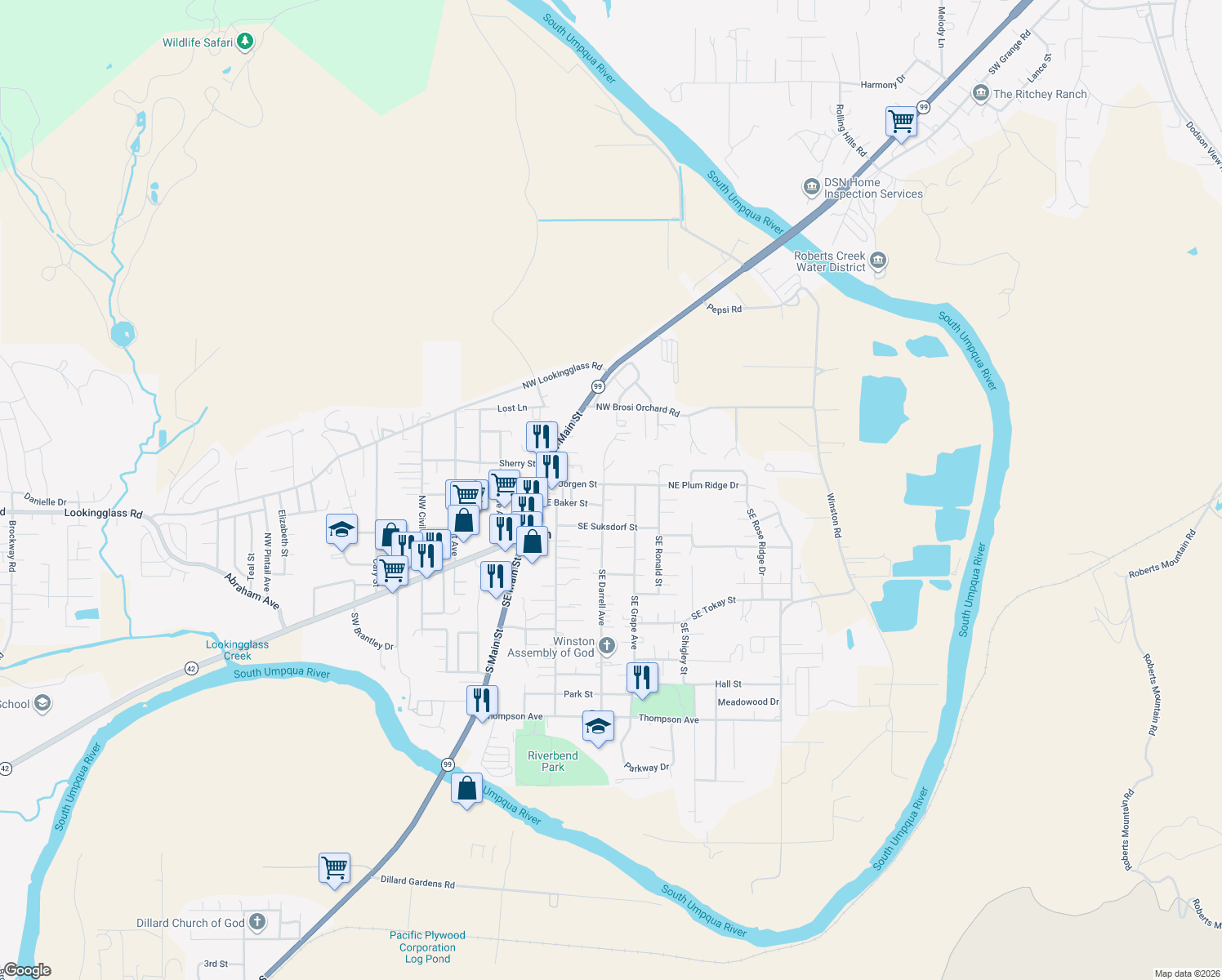 map of restaurants, bars, coffee shops, grocery stores, and more near 101 Northeast Darrell Avenue in Winston