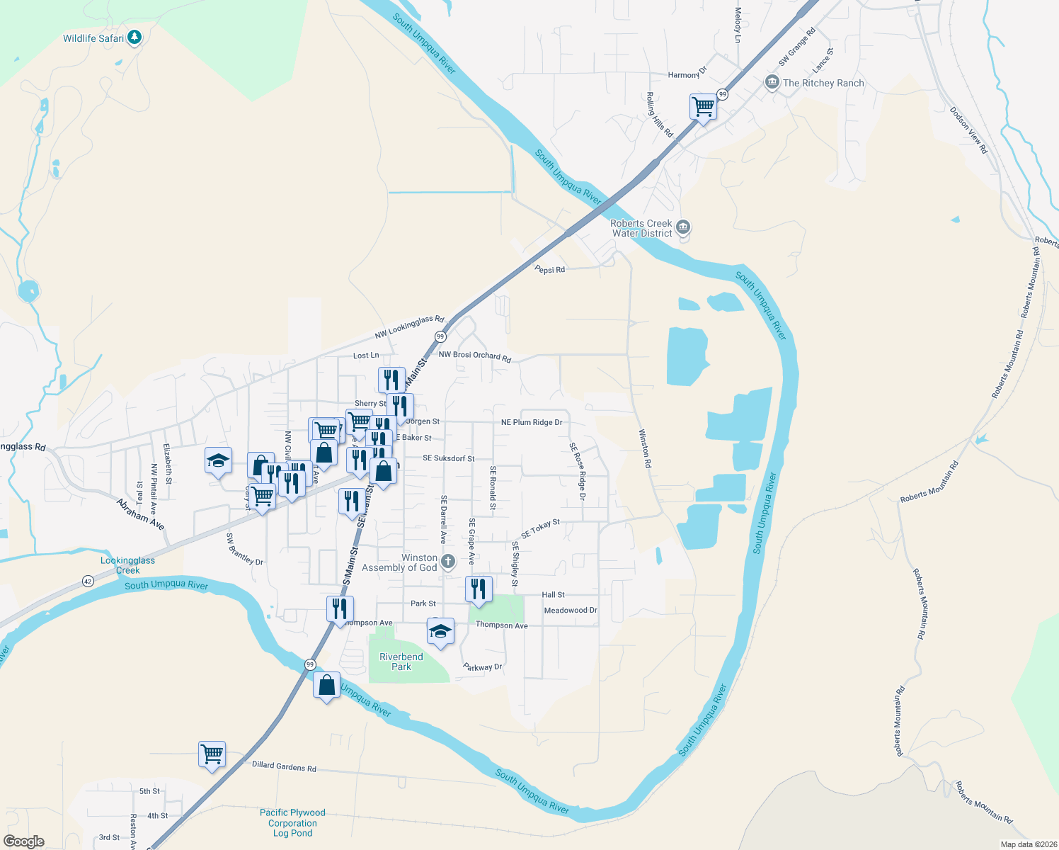 map of restaurants, bars, coffee shops, grocery stores, and more near 163 Northeast Plum Ridge Drive in Winston