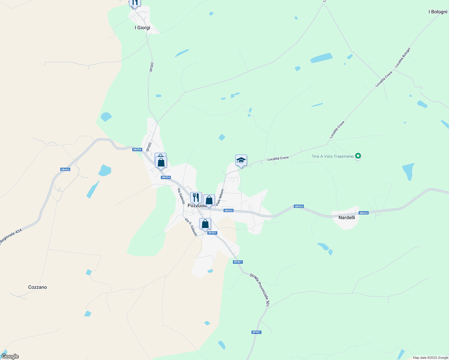 map of restaurants, bars, coffee shops, grocery stores, and more near 74 Viale Milano in Pozzuolo