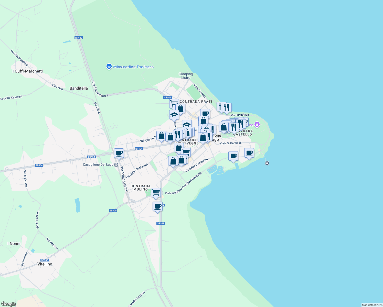 map of restaurants, bars, coffee shops, grocery stores, and more near 132 Via Roma in Castiglione del Lago