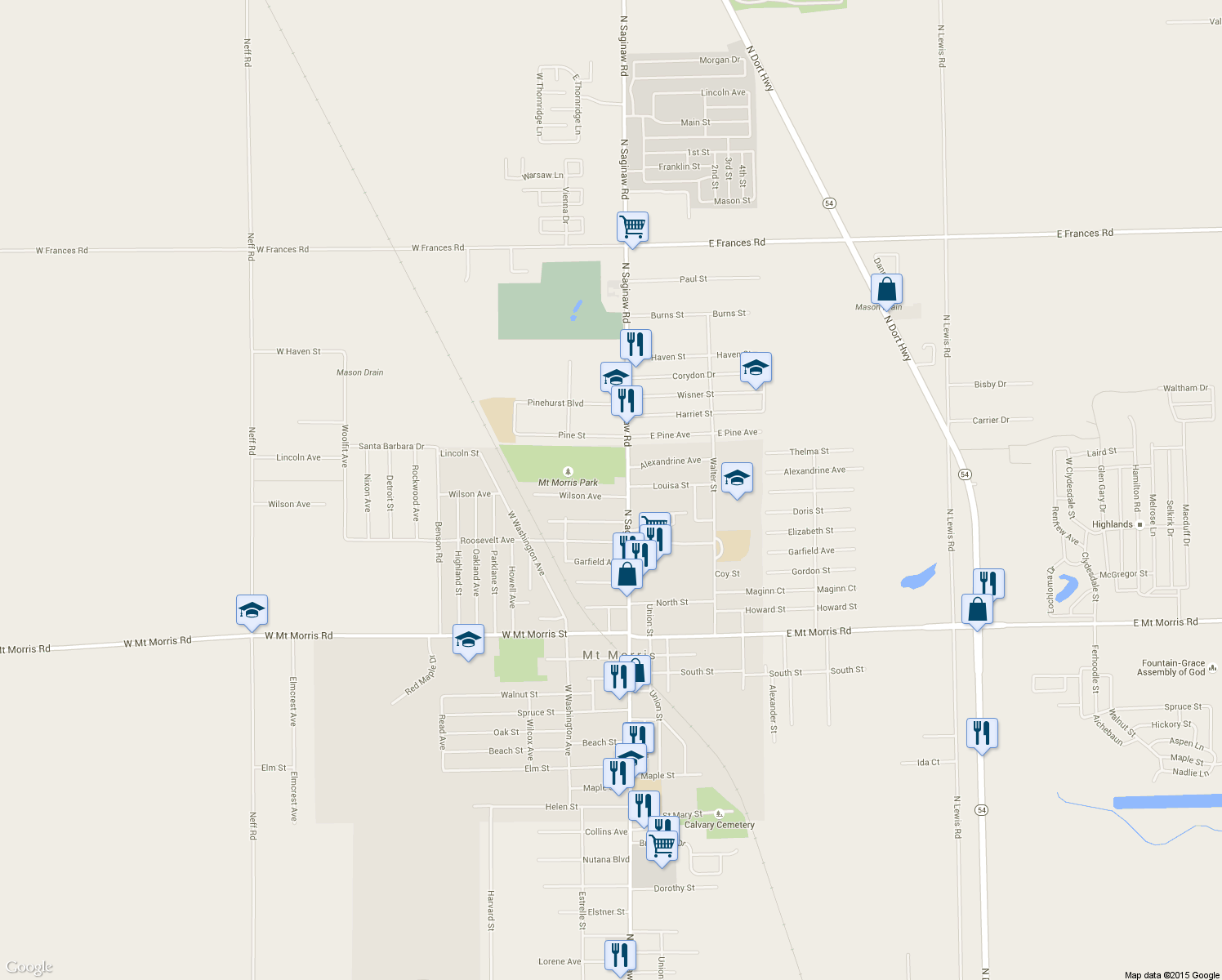 map of restaurants, bars, coffee shops, grocery stores, and more near 651 Wilson Avenue in Mount Morris Township