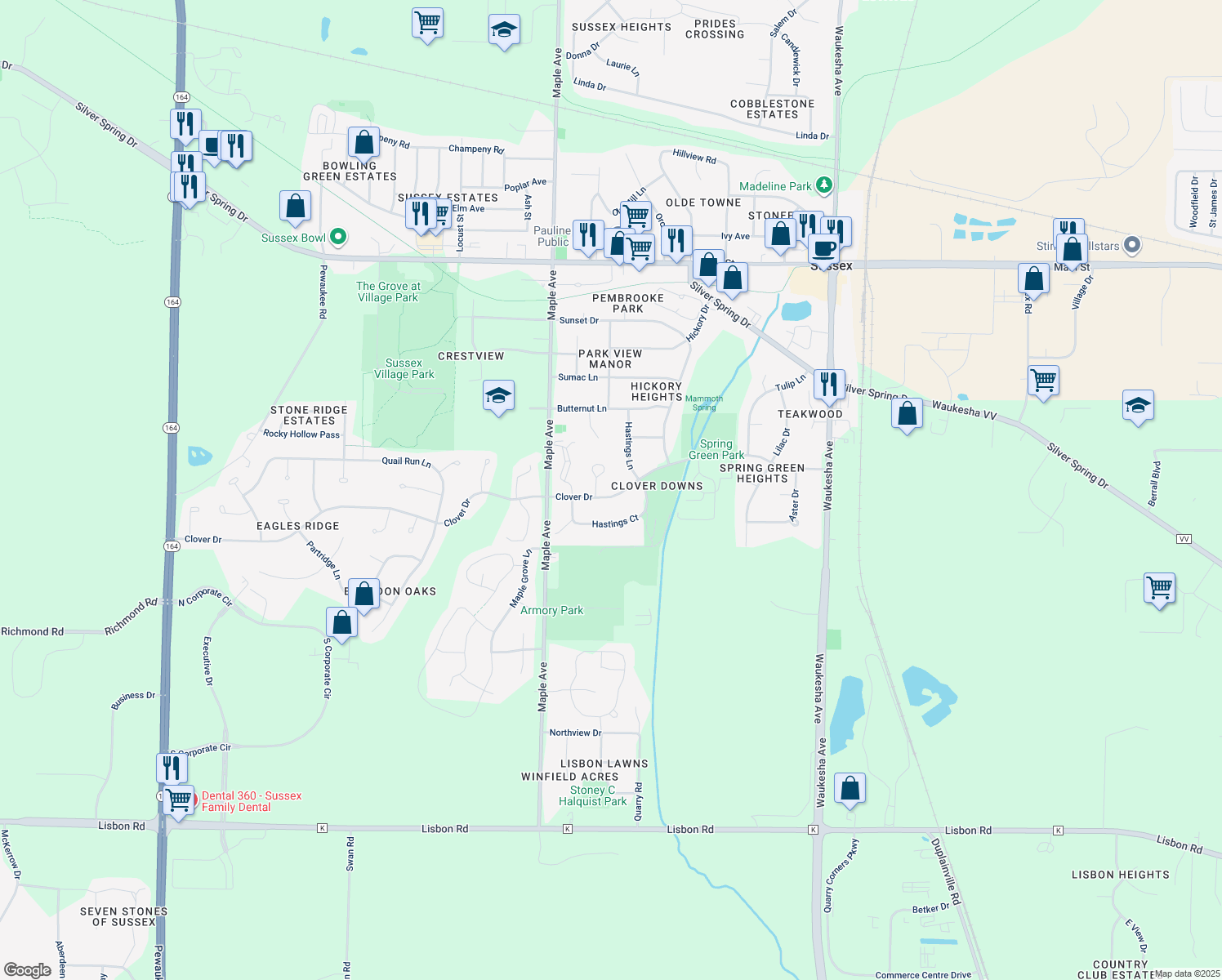 map of restaurants, bars, coffee shops, grocery stores, and more near N59W23826 Clover Drive in Sussex