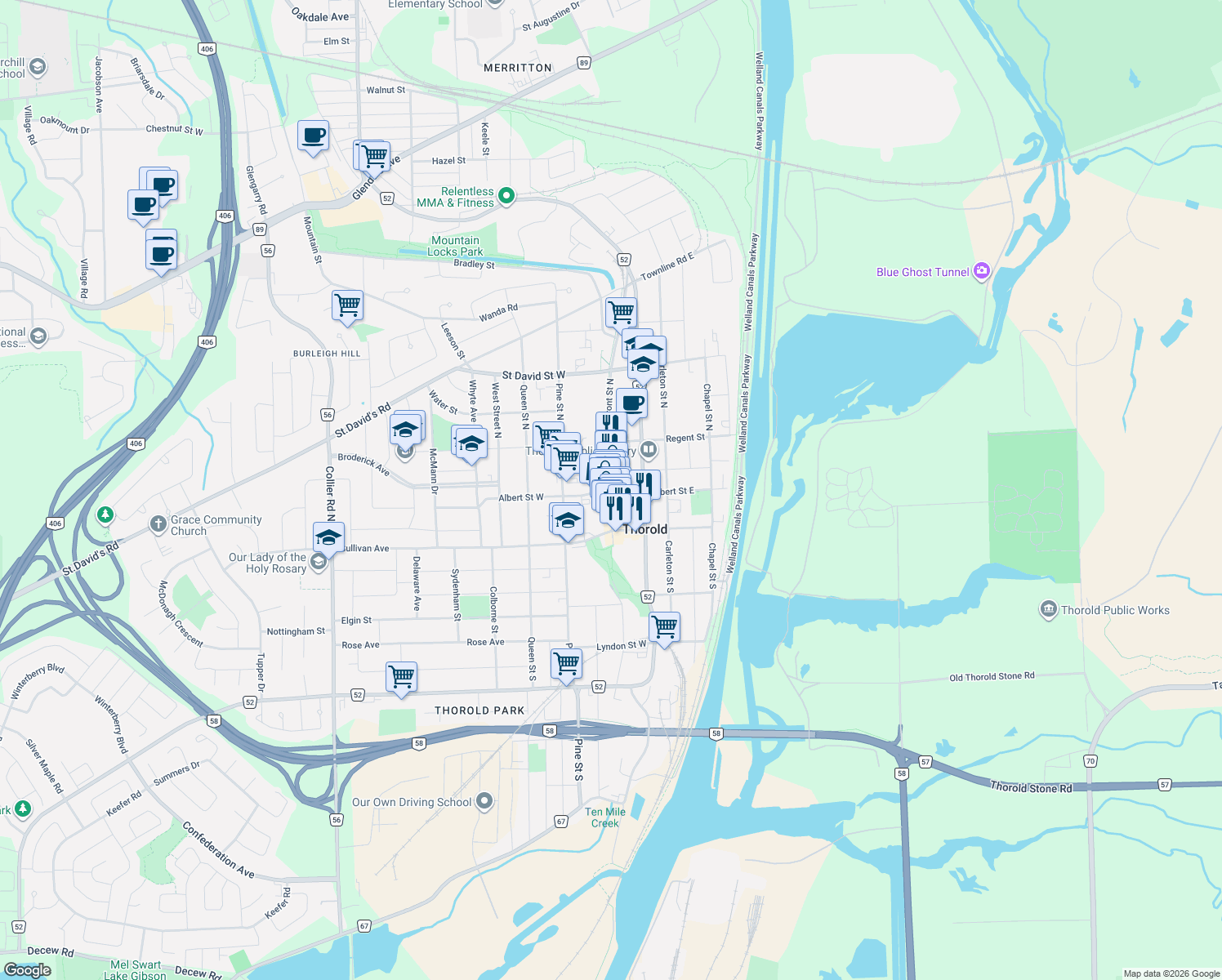 map of restaurants, bars, coffee shops, grocery stores, and more near 6 Front Street North in Thorold