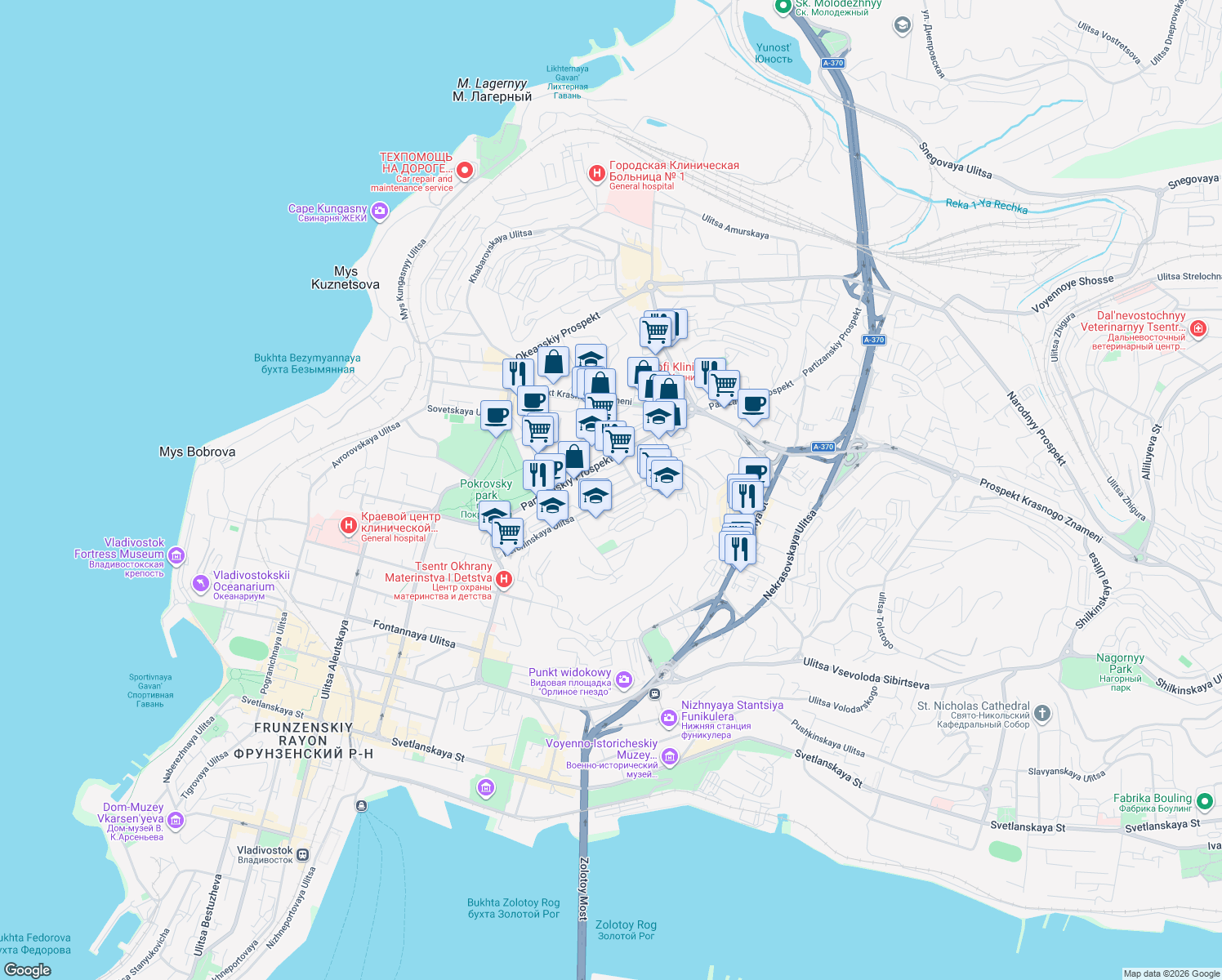 map of restaurants, bars, coffee shops, grocery stores, and more near 27 ulitsa Nerchinskaya in Vladivostok