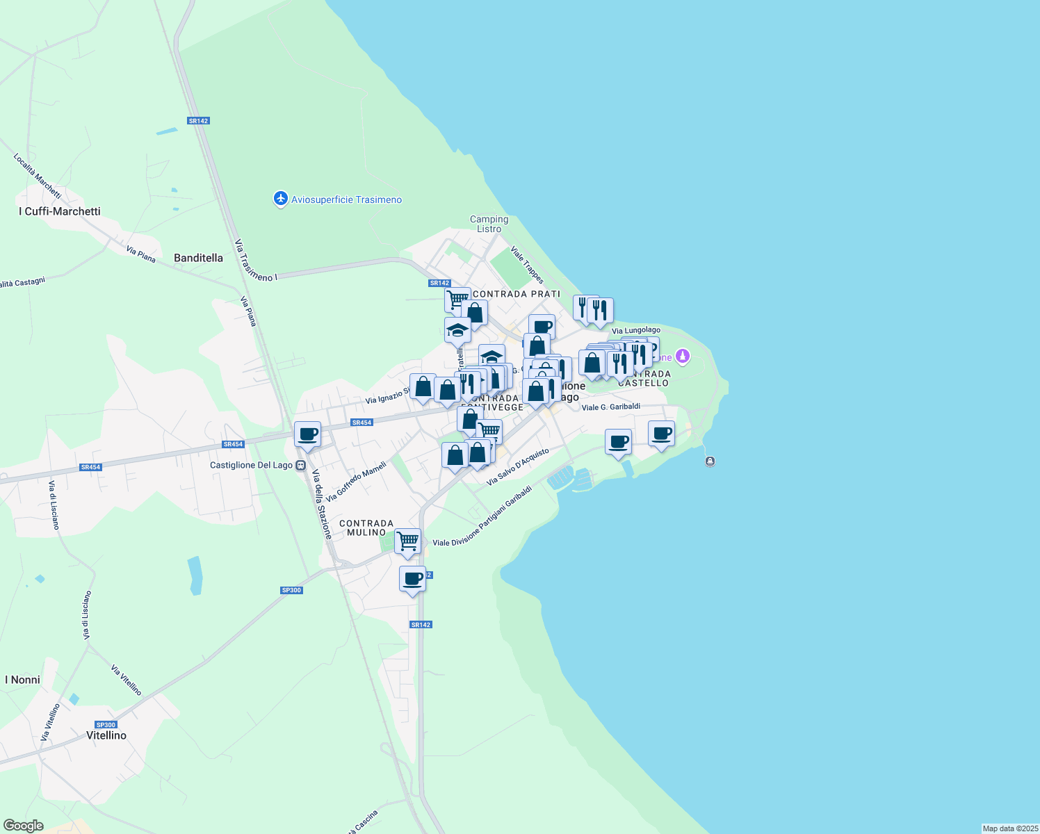 map of restaurants, bars, coffee shops, grocery stores, and more near 132 Via Roma in Castiglione del Lago