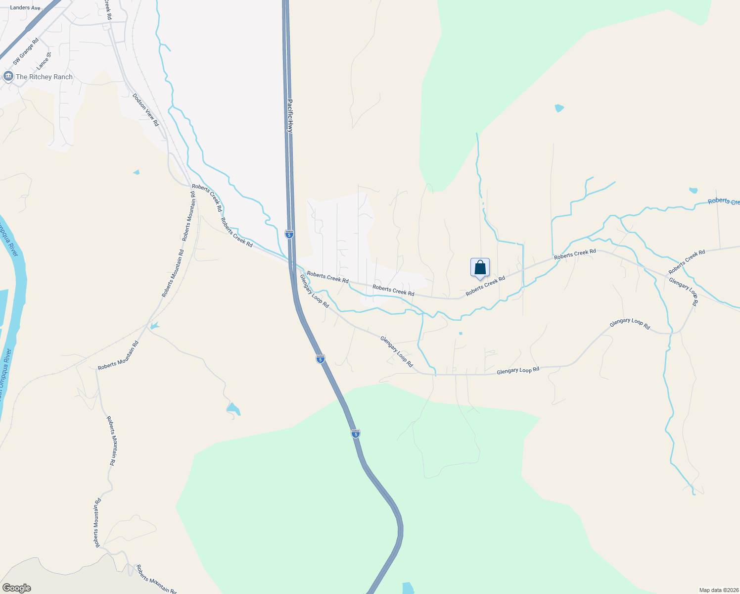 map of restaurants, bars, coffee shops, grocery stores, and more near 2227 Roberts Creek Road in Roseburg