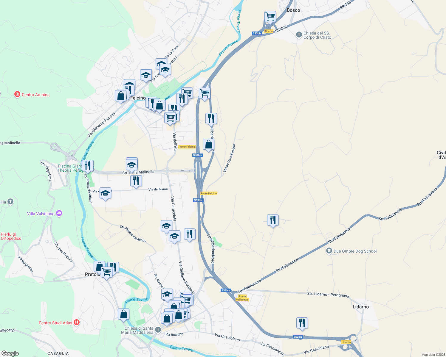 map of restaurants, bars, coffee shops, grocery stores, and more near 6 Strada Montescosso in Perugia