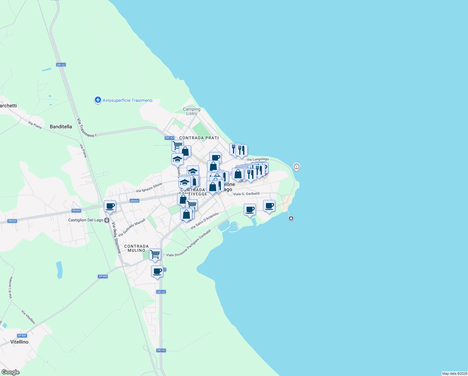 map of restaurants, bars, coffee shops, grocery stores, and more near 1 Piazza Dante Alighieri in Castiglione del Lago