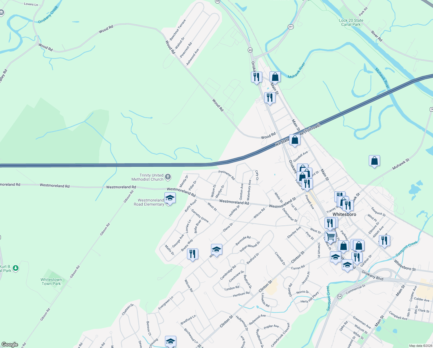 map of restaurants, bars, coffee shops, grocery stores, and more near 12 Perimeter Rd in Whitesboro