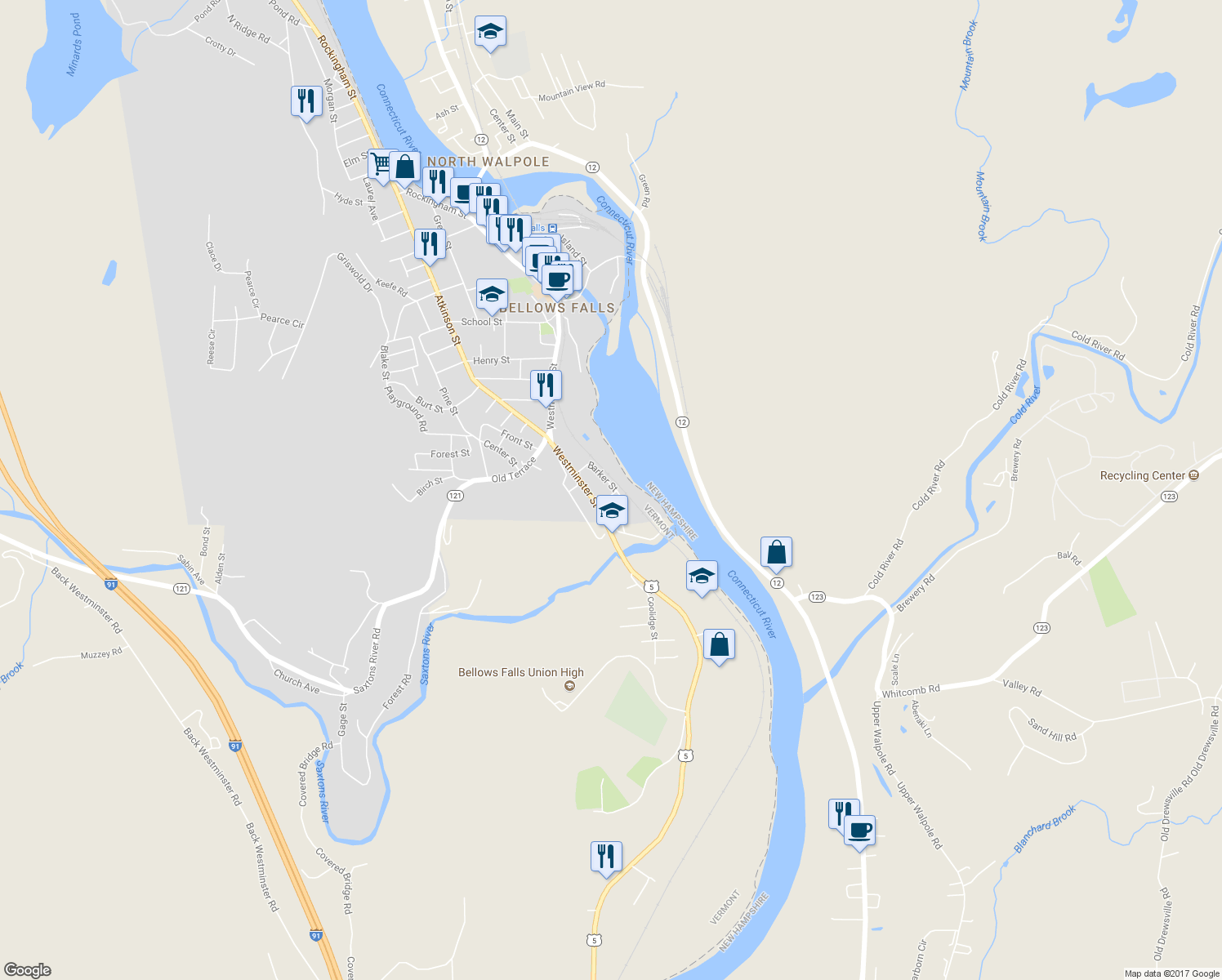 map of restaurants, bars, coffee shops, grocery stores, and more near 27 Barker Street in Town of Rockingham