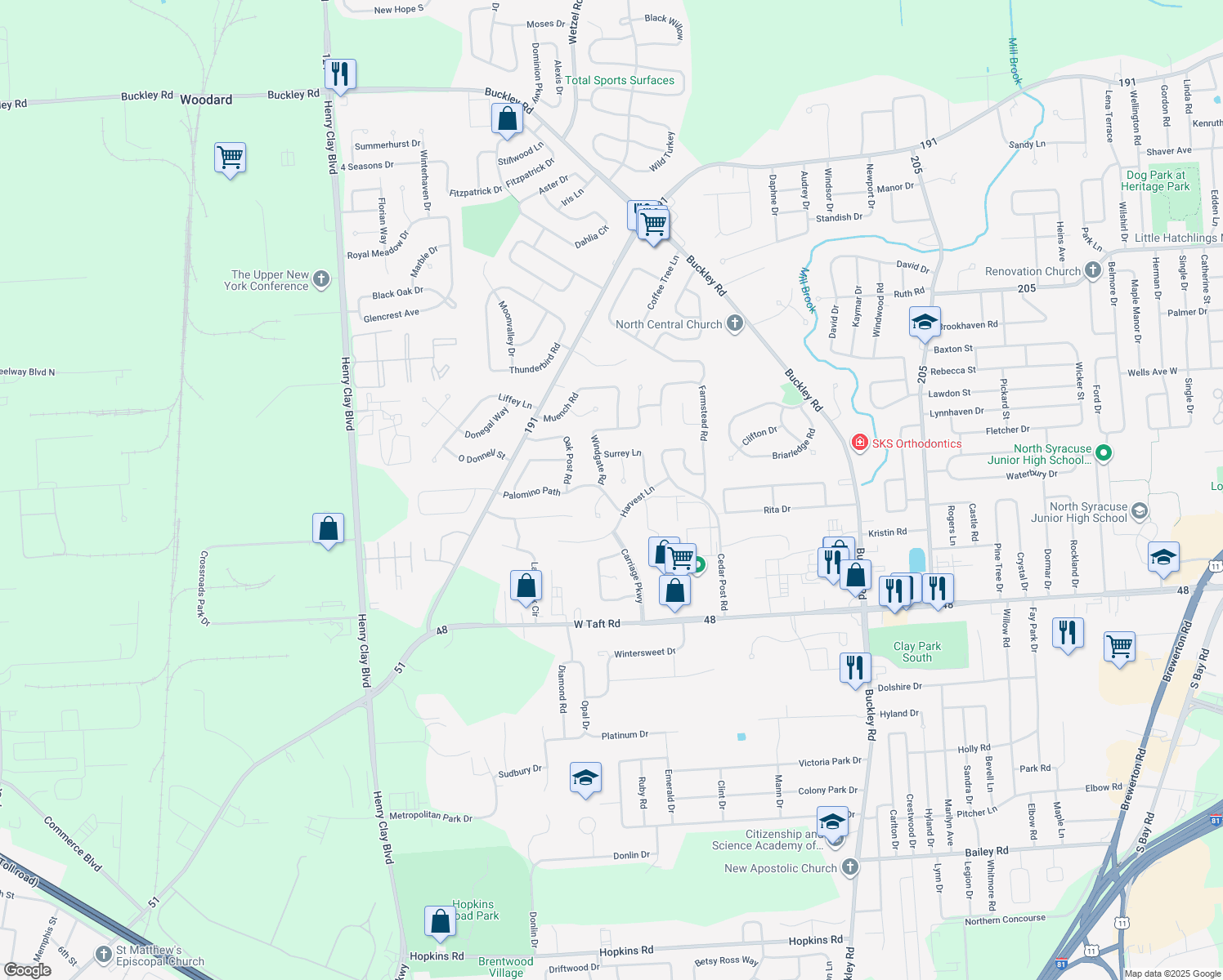 map of restaurants, bars, coffee shops, grocery stores, and more near 7350 Palomino Path in Liverpool