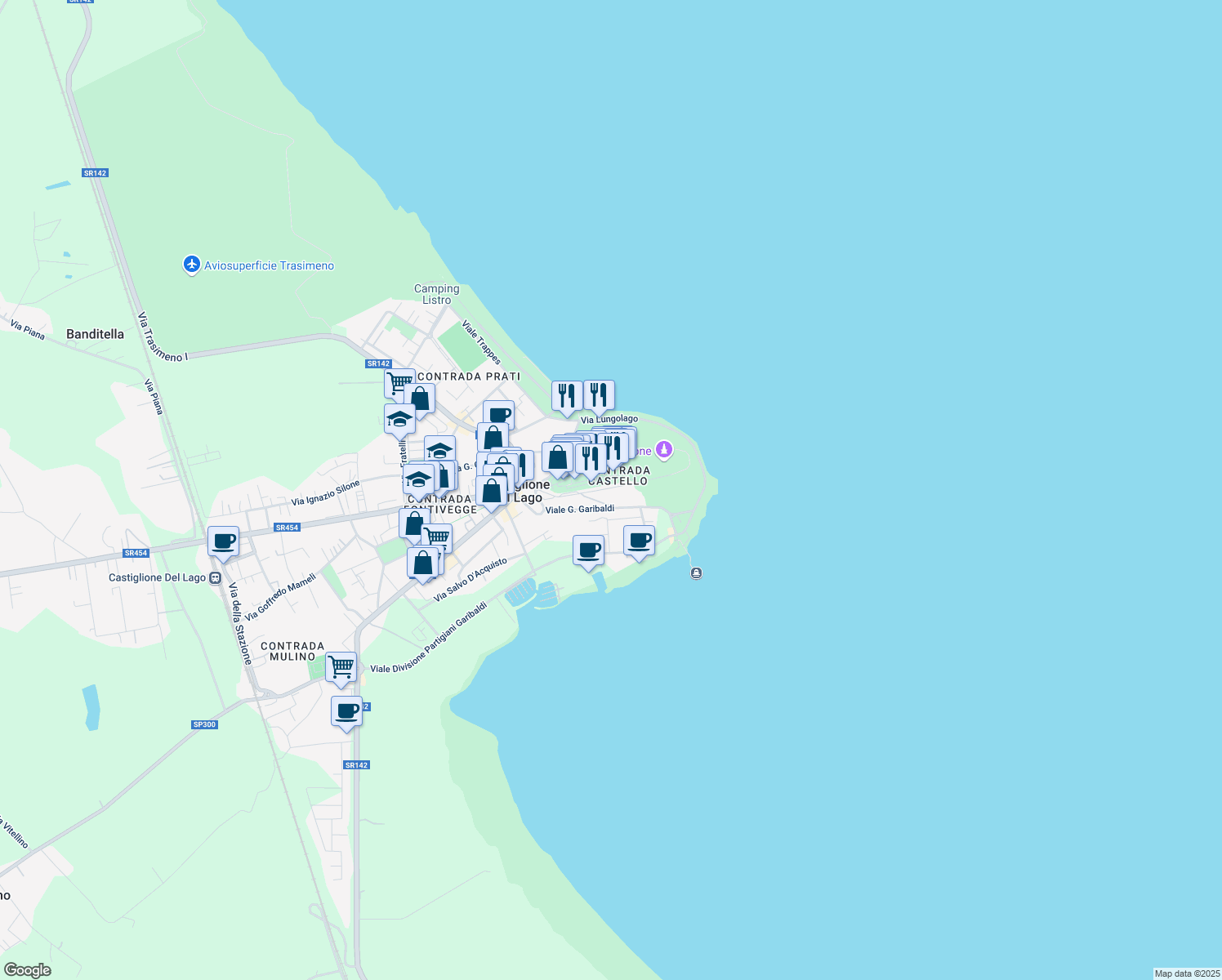 map of restaurants, bars, coffee shops, grocery stores, and more near 16 Via Belvedere in Castiglione del Lago