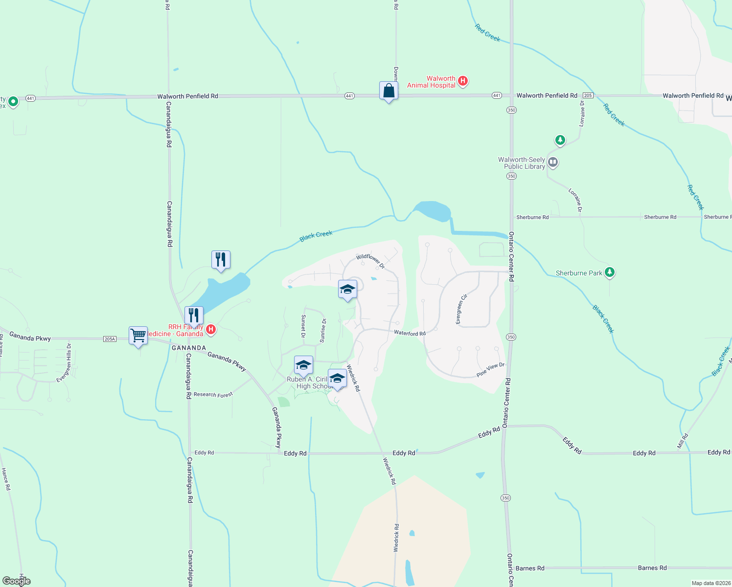 map of restaurants, bars, coffee shops, grocery stores, and more near 1516 Elderberry Cir in Walworth