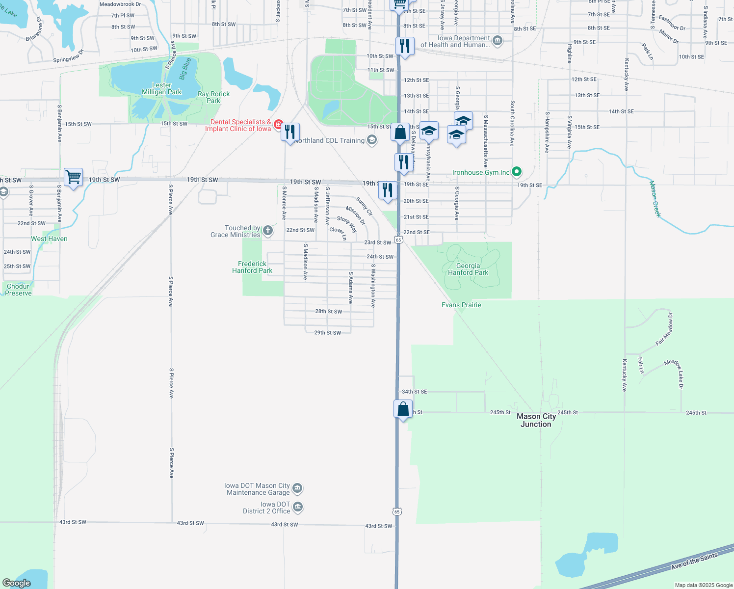 map of restaurants, bars, coffee shops, grocery stores, and more near 114 27th St SW in Mason City