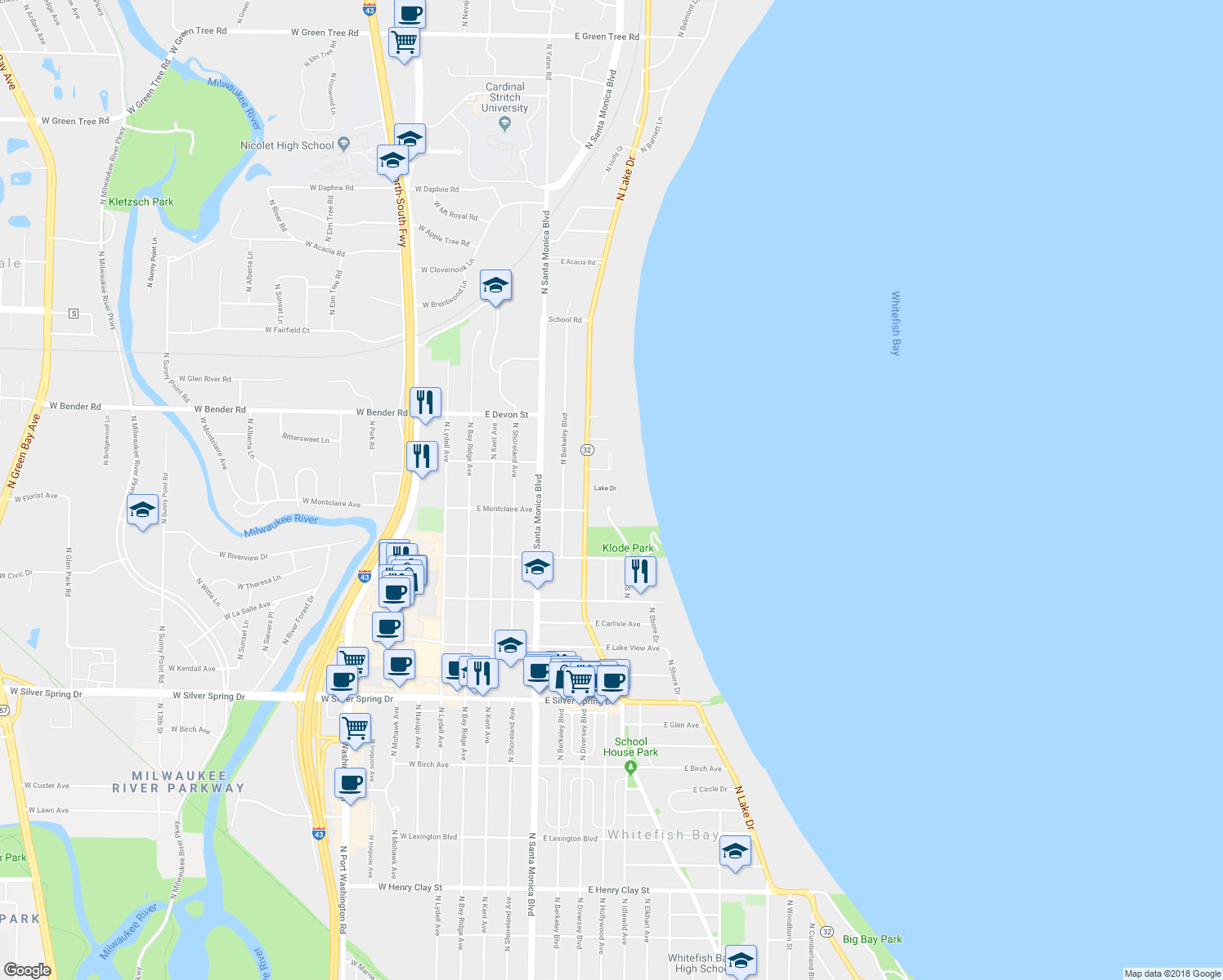 map of restaurants, bars, coffee shops, grocery stores, and more near 6024 North Lake Drive in Whitefish Bay